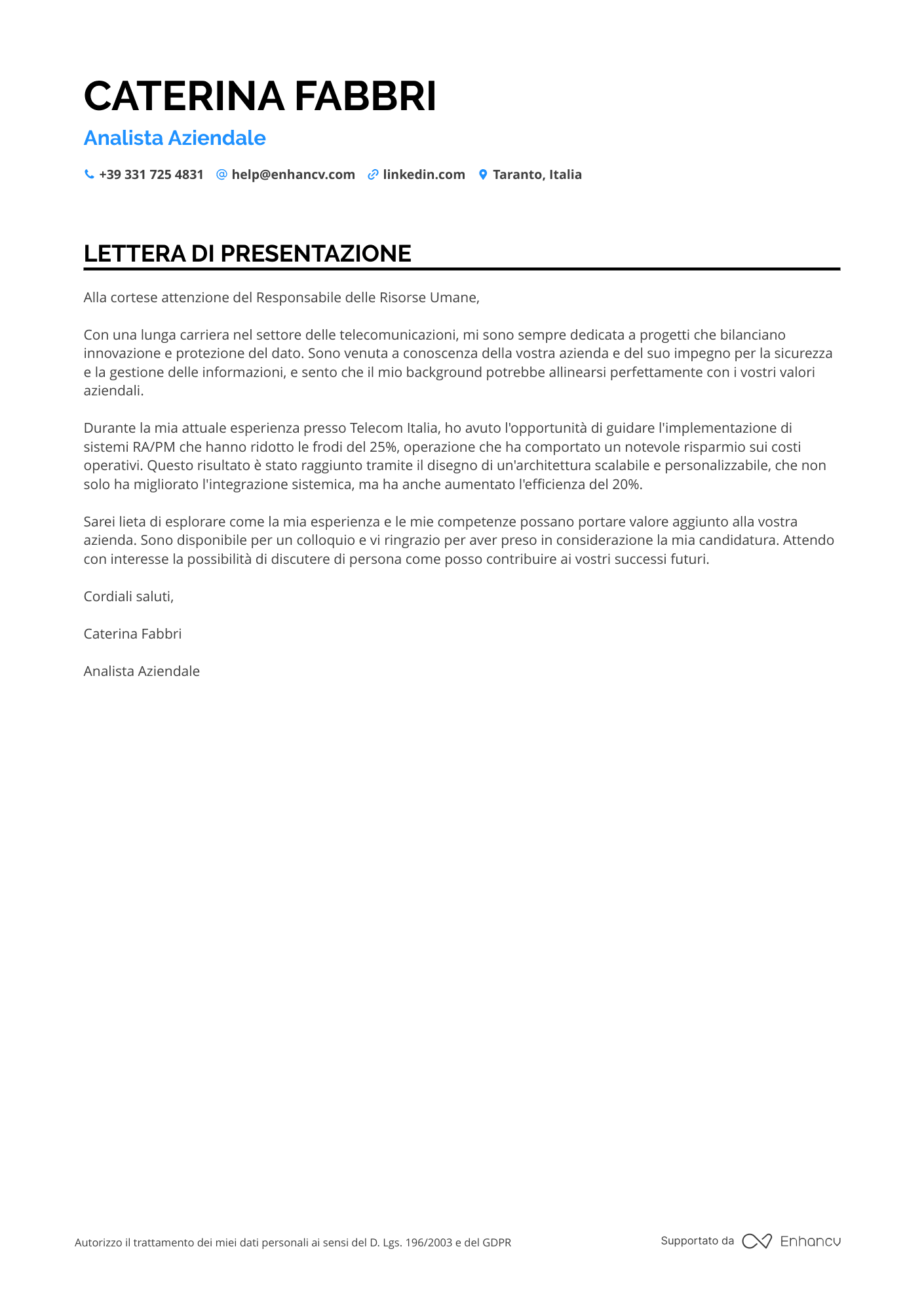 Analista di business OSS Resume Example