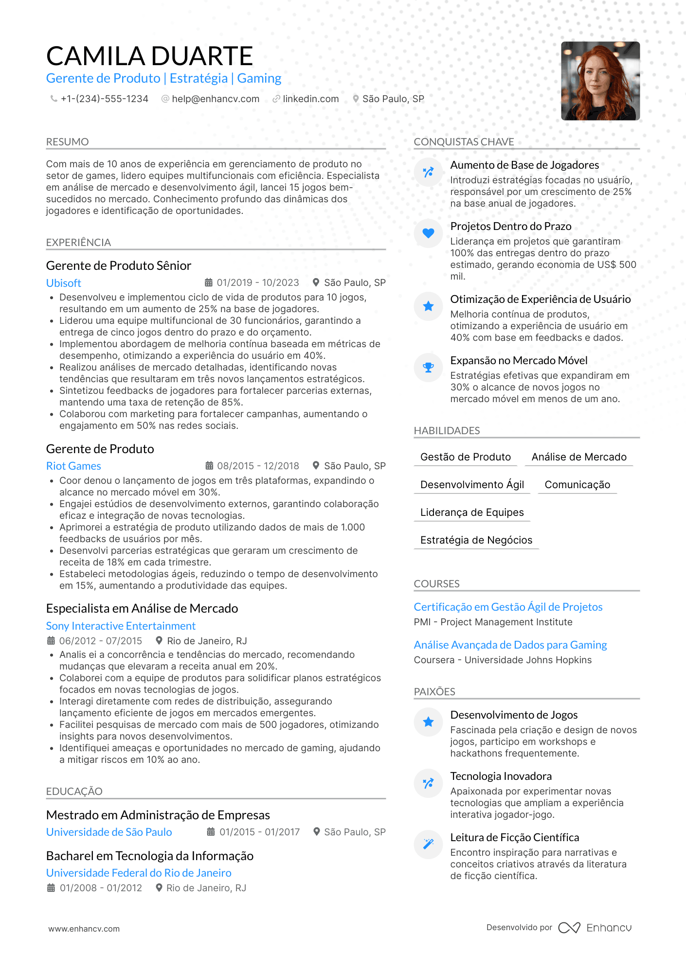 Gerente de produto gaming Resume Example