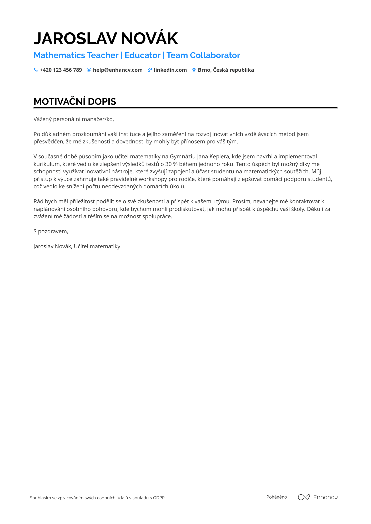 Motivační dopis pro Učitel matematiky v soukromé škole Resume Example