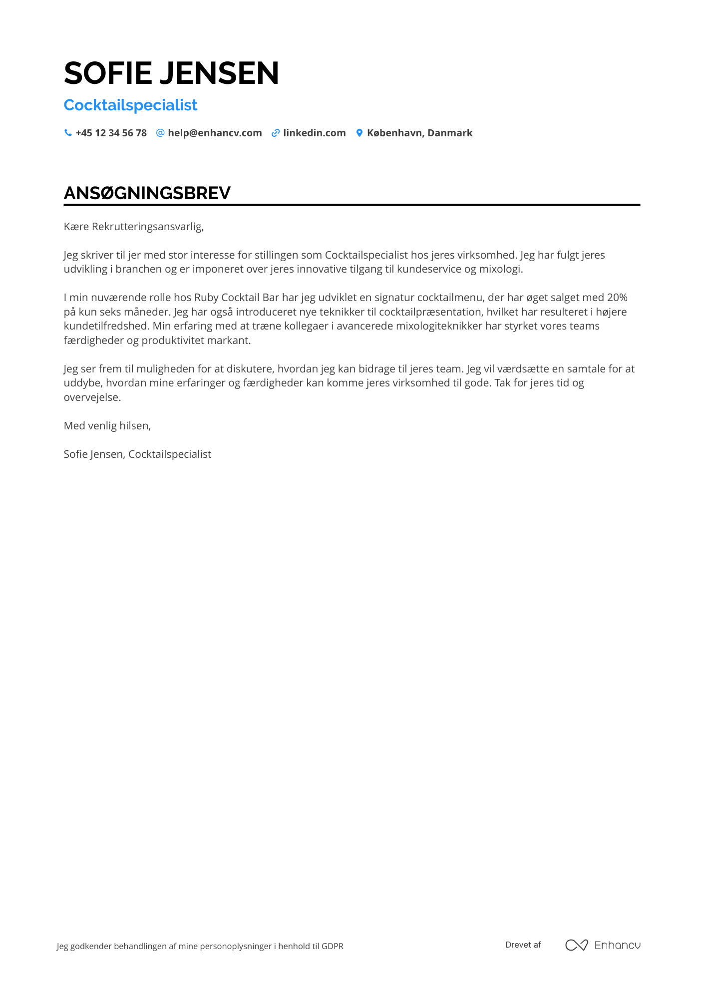 Ansøgningsbrev til Cocktailspecialist Resume Example