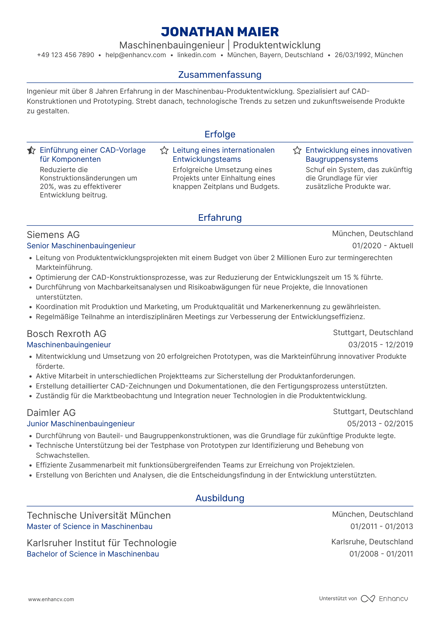 Lebenslauf als Maschinenbauingenieur für Produktentwicklung Resume Example