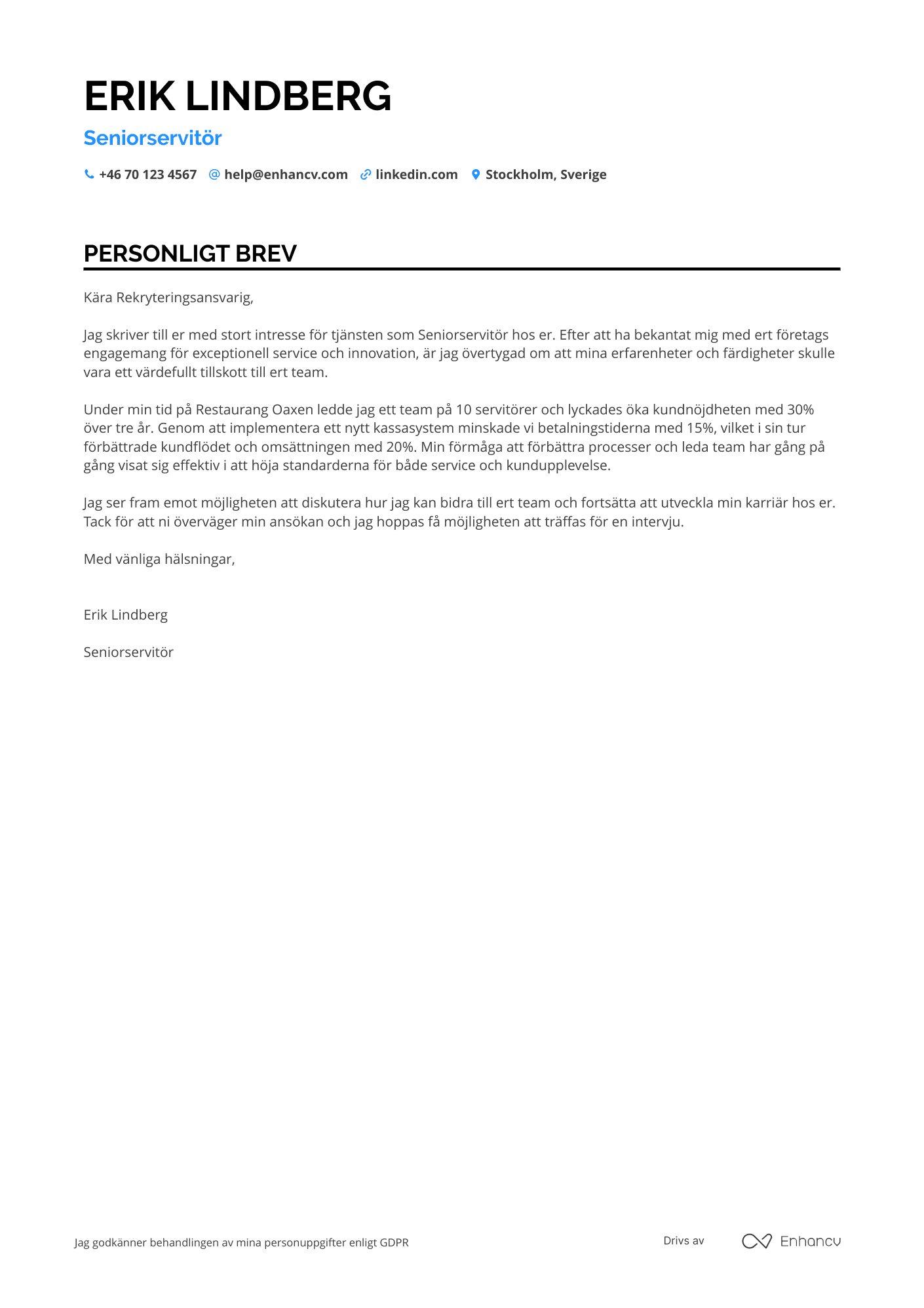 Personligt brev för Seniorservitör Resume Example