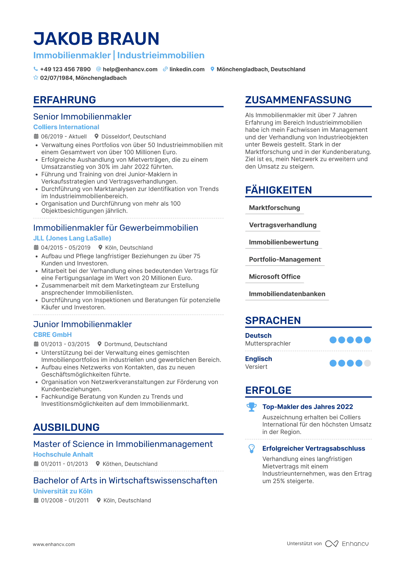 Lebenslauf in Immobilienmakler für Industrieimmobilien Resume Example