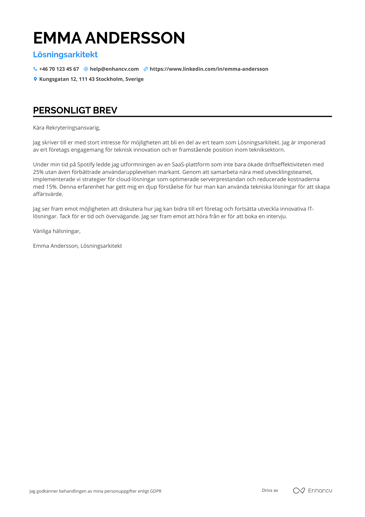 Personligt brev för Lösningsarkitekt Resume Example