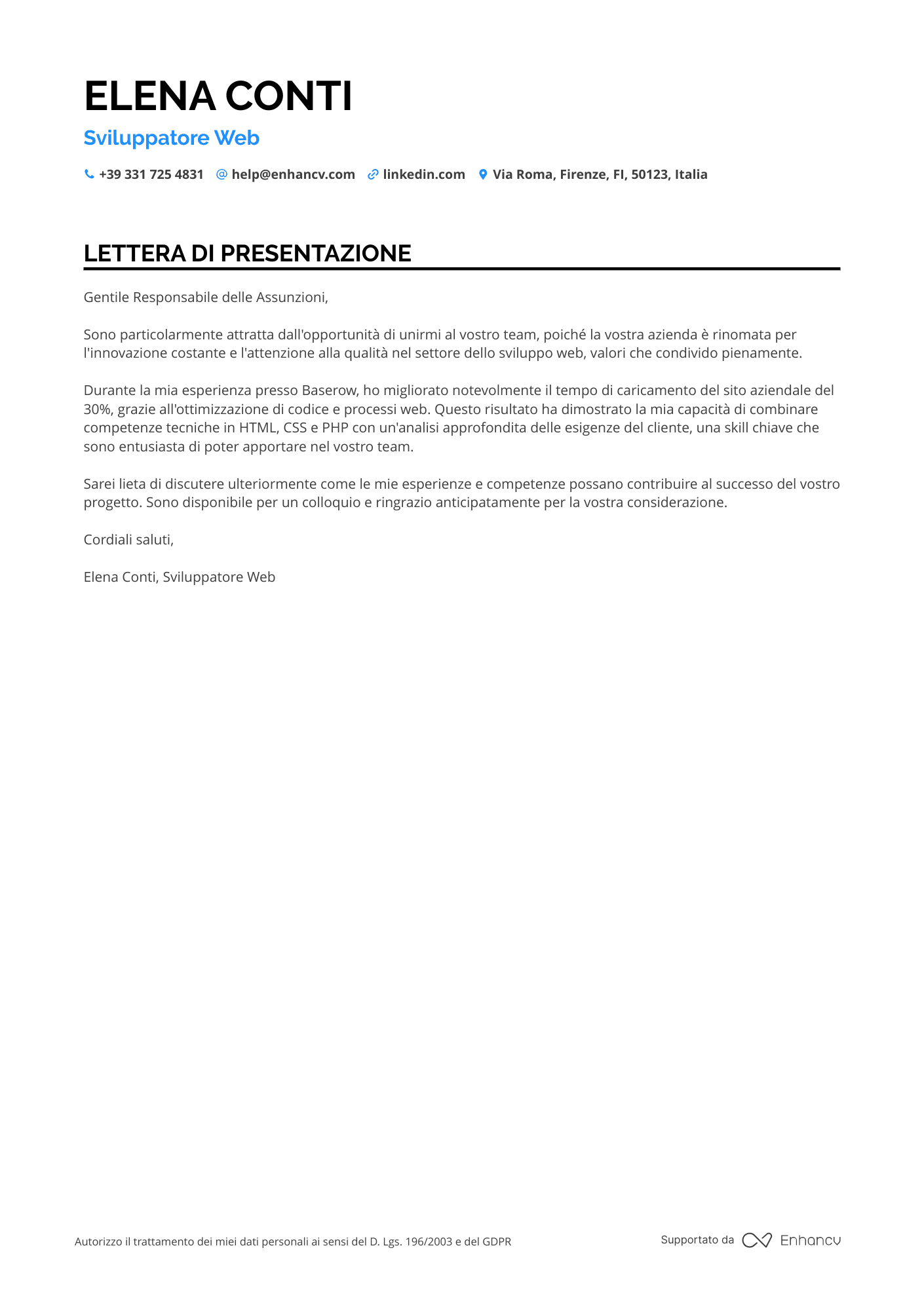 Sviluppatore Web Junior Resume Example