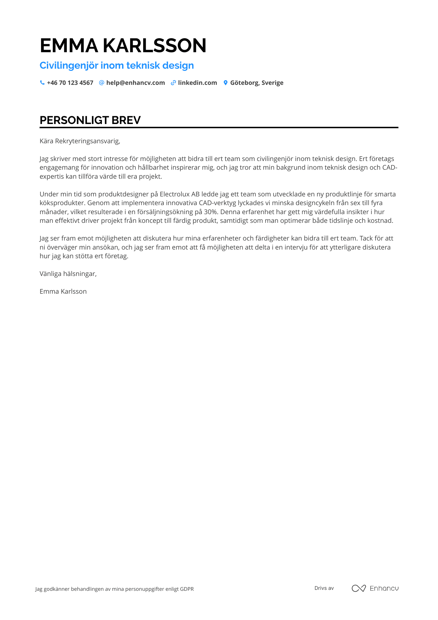 Personligt brev för Civilingenjör teknisk design Resume Example