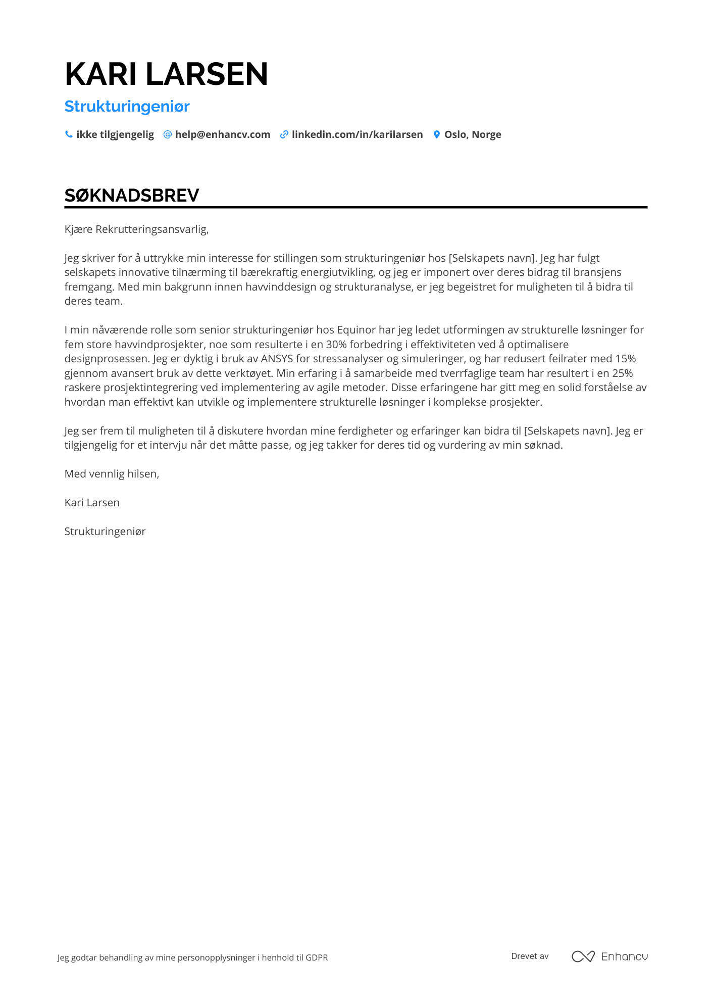 Søknadsbrev for Havvind Strukturingeniør Resume Example