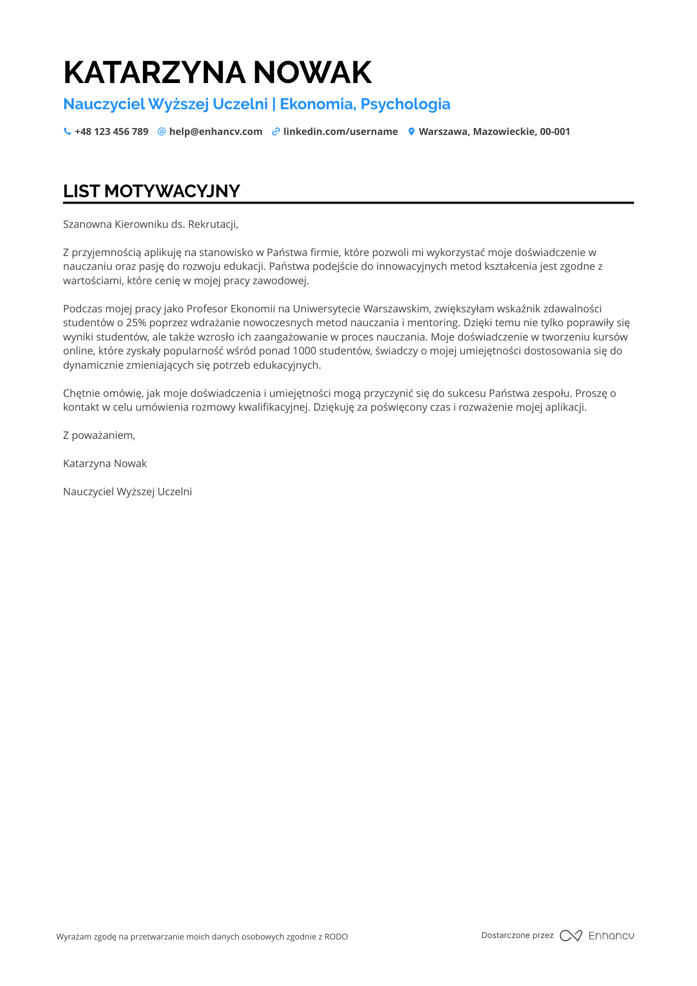 List motywacyjny dla Nauczyciel Wyższej Uczelni Resume Example