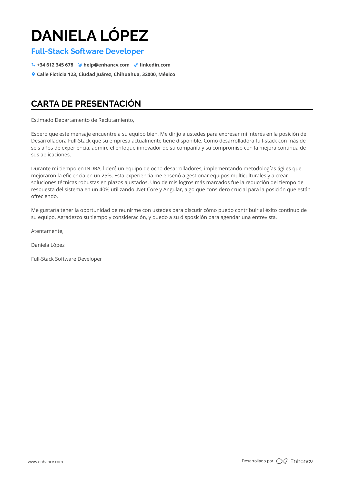 Desarrollador de Software Full Stack Resume Example