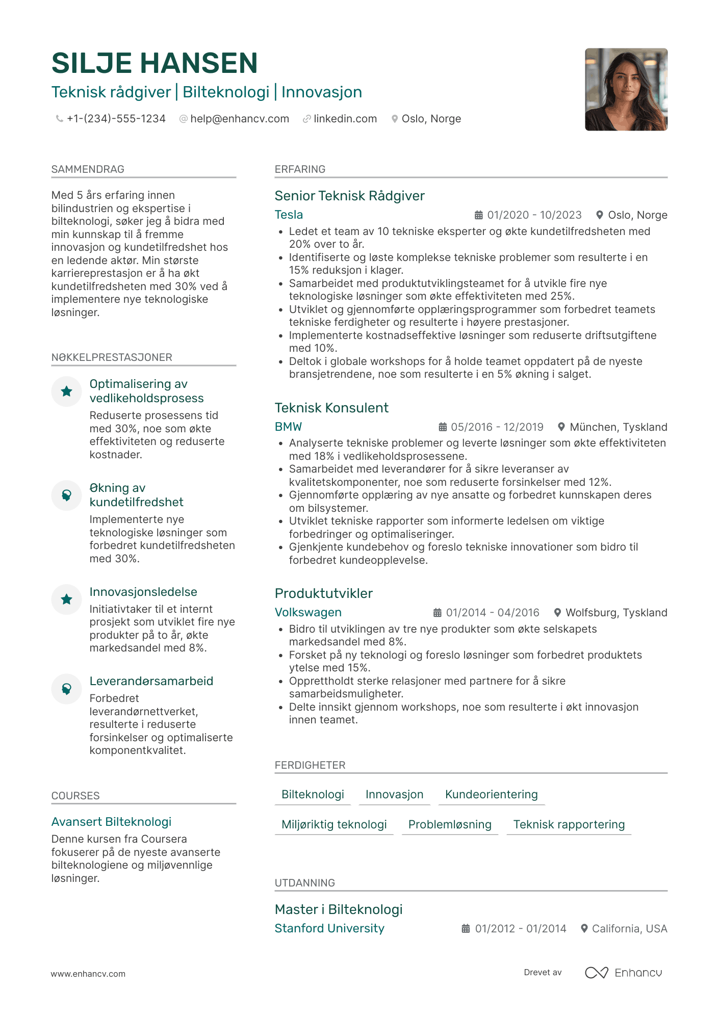 CV for Teknisk rådgiver i bilindustrien Resume Example