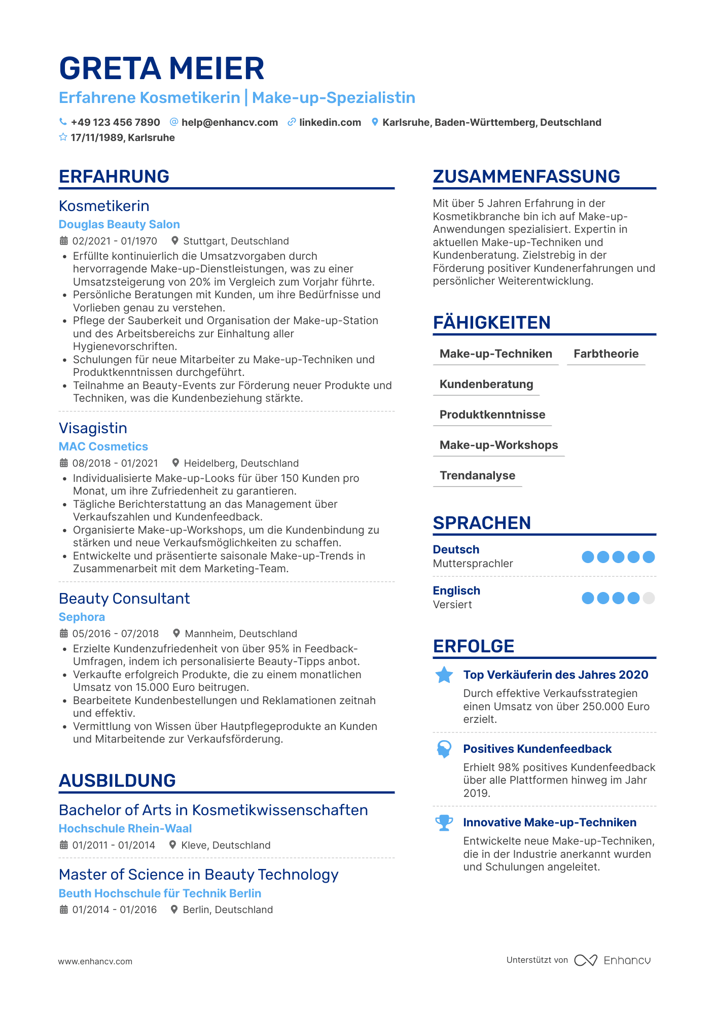 Lebenslauf als Kosmetikerin für Make up Anwendung Resume Example