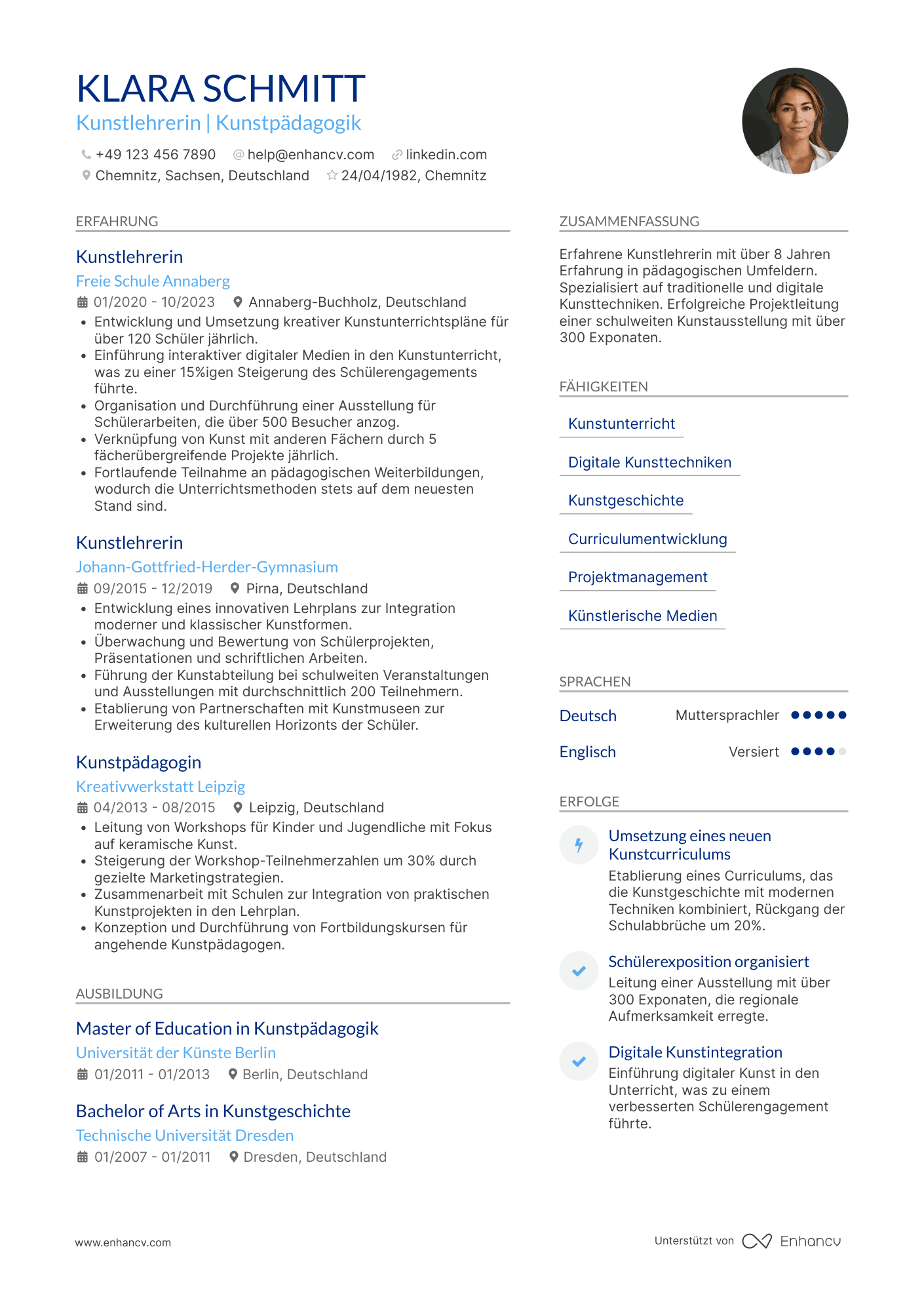 Lebenslauf als Kunstlehrer Resume Example