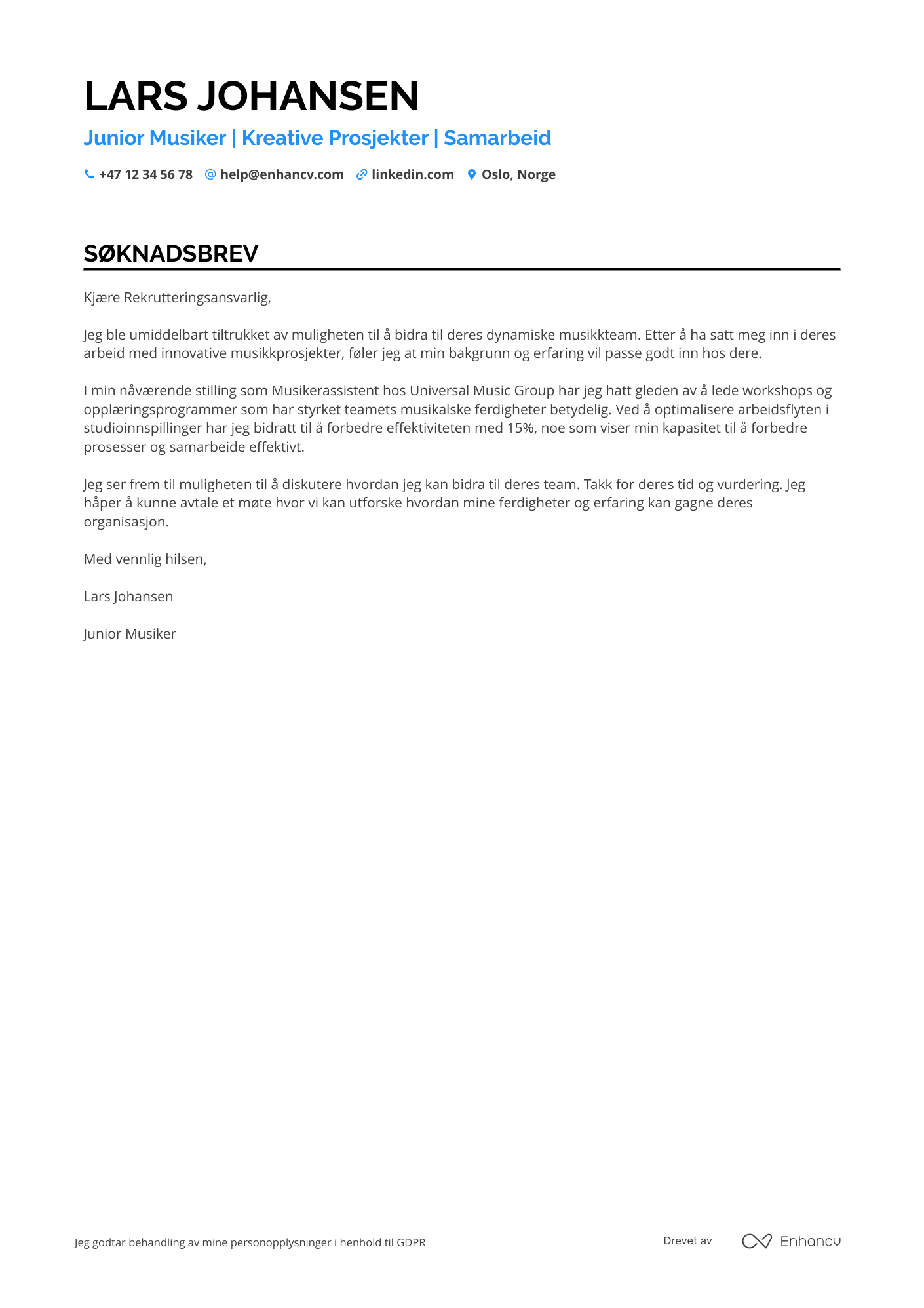 Søknadsbrev for Junior musiker Resume Example