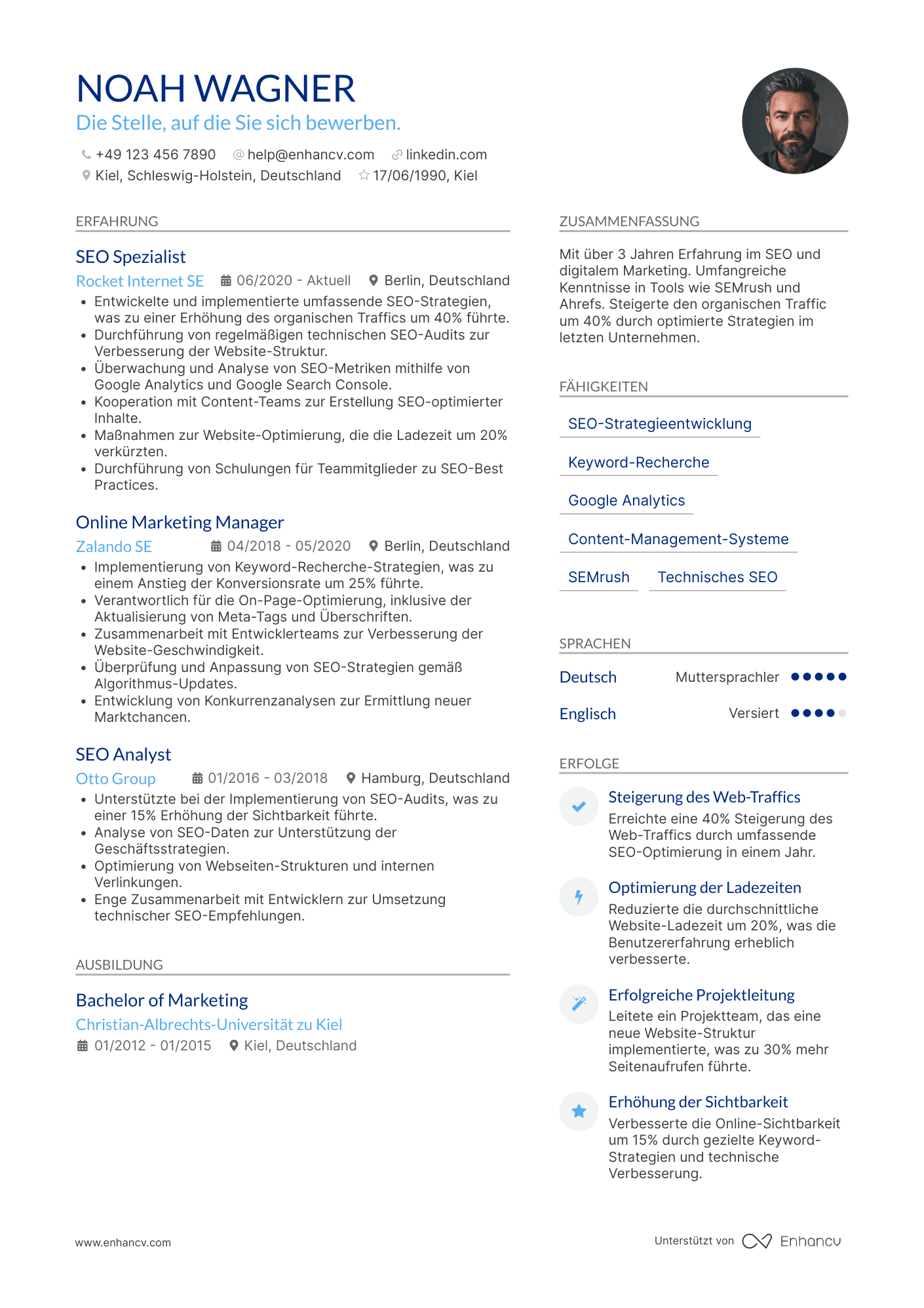 Lebenslauf als SEO Spezialist auf mittlerer Ebene Resume Example