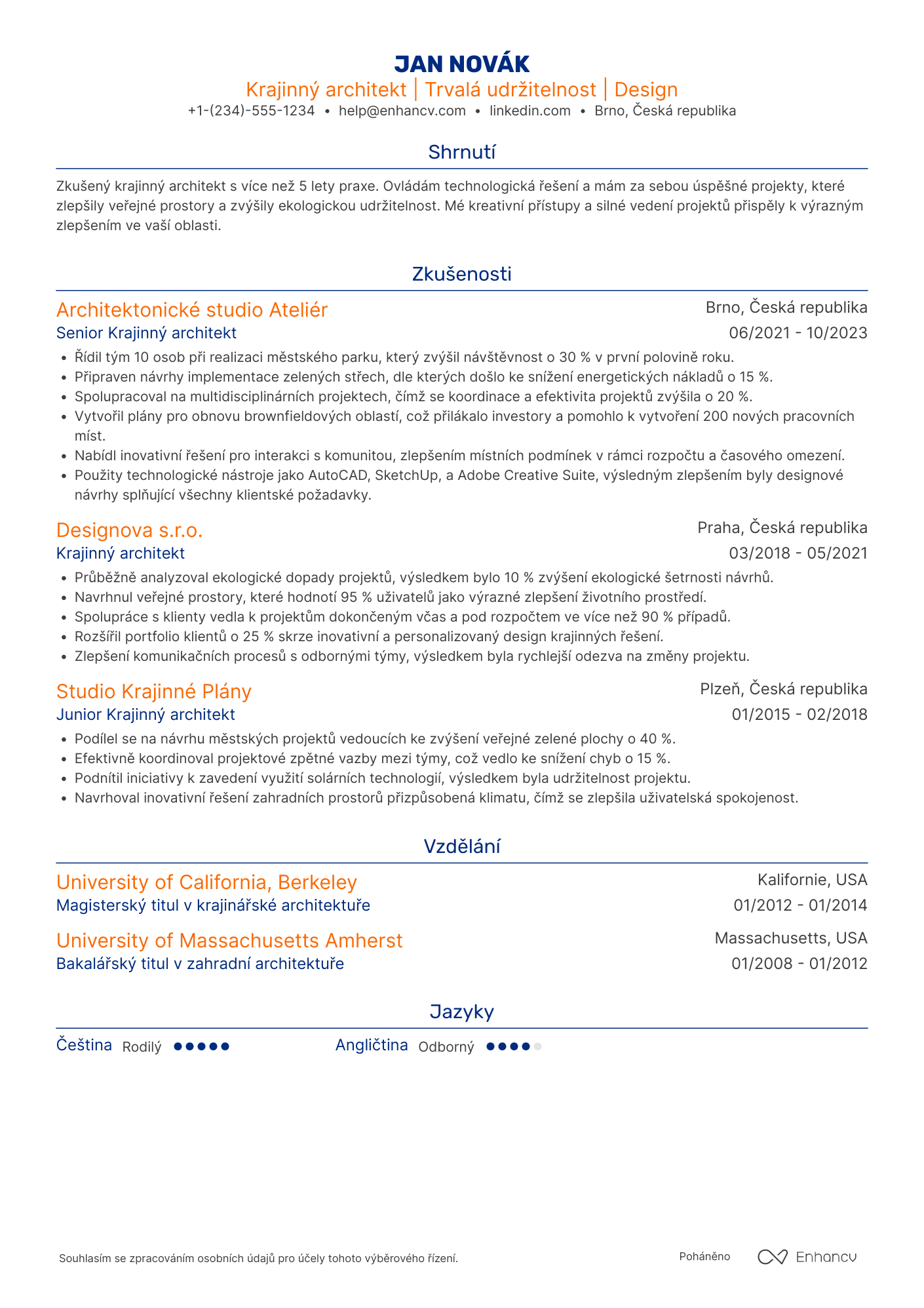 Životopis pro Krajinný architekt Resume Example