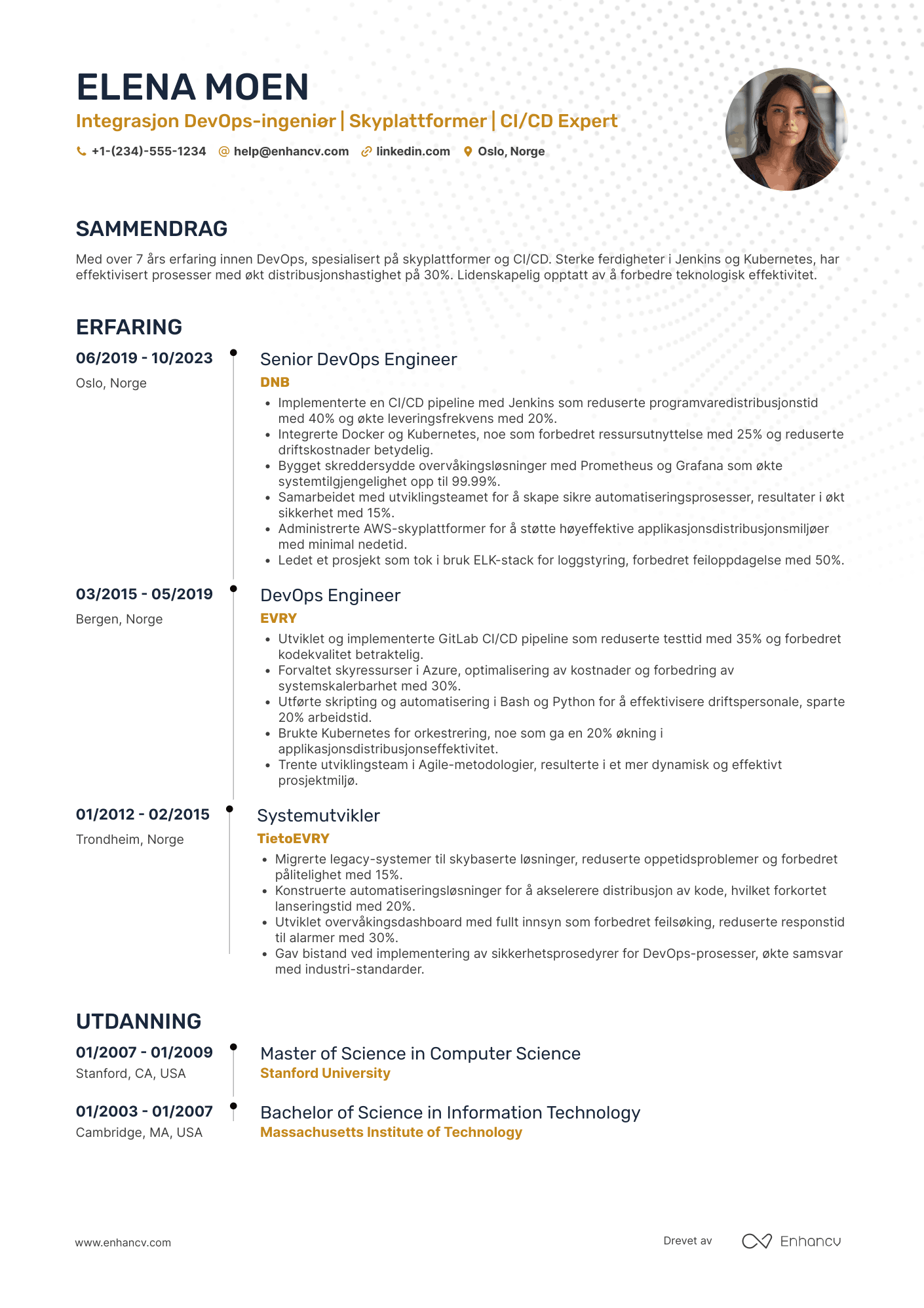 CV for Integrasjon DevOps ingeniør Resume Example