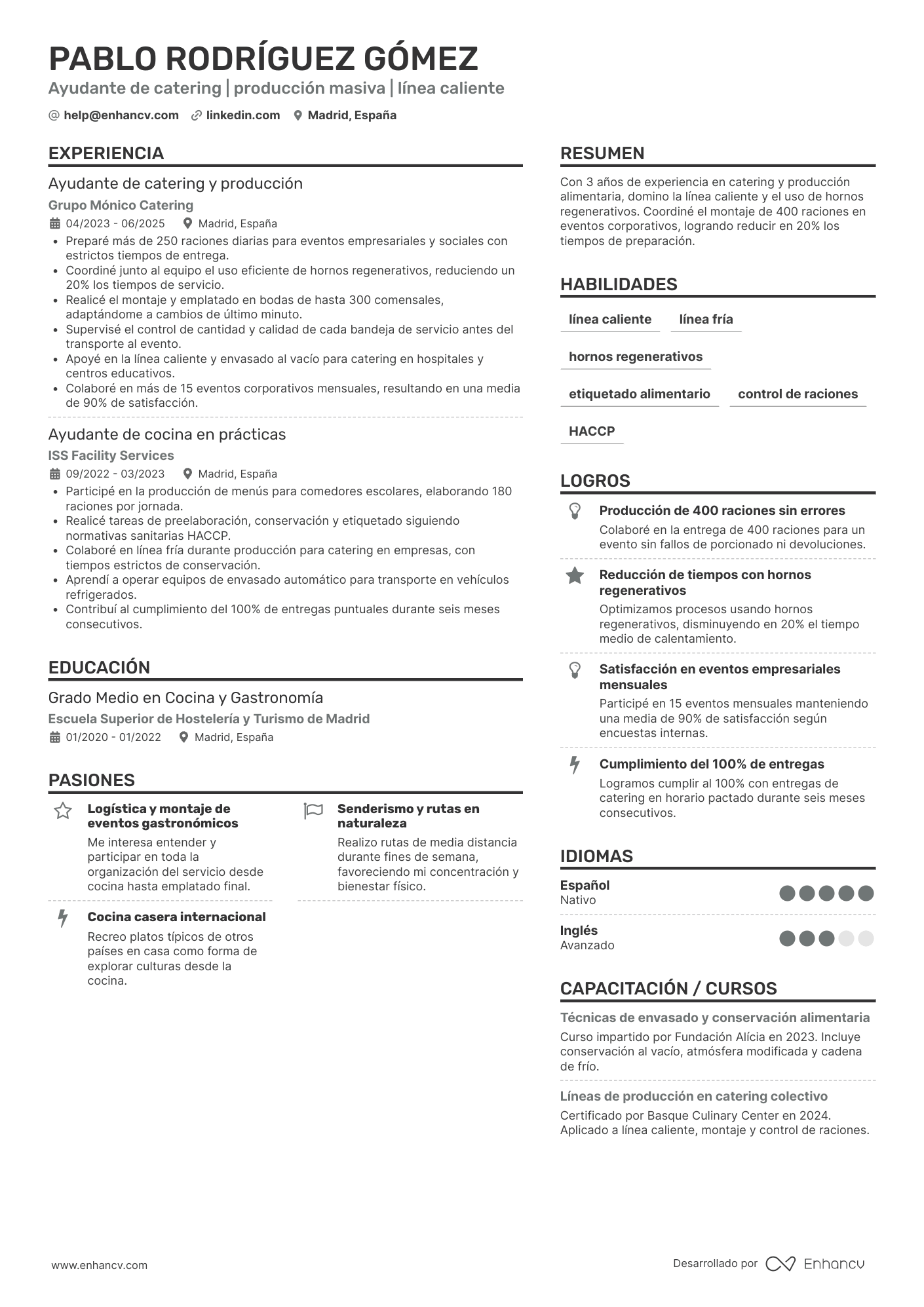 Ejemplo de currículum de ayudante de catering o producción Resume Example