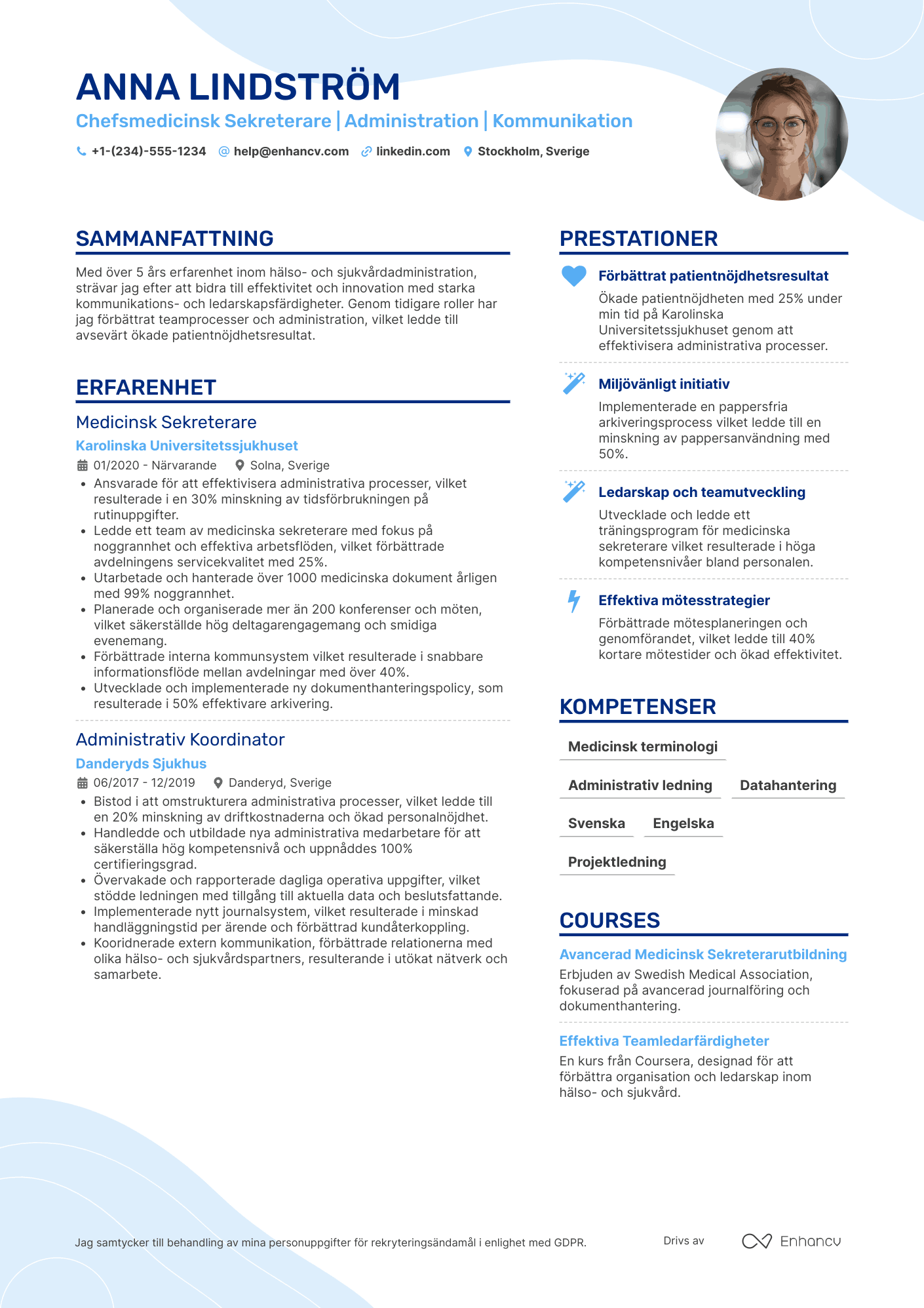 CV för Chefsmedicinsk Sekreterare Resume Example