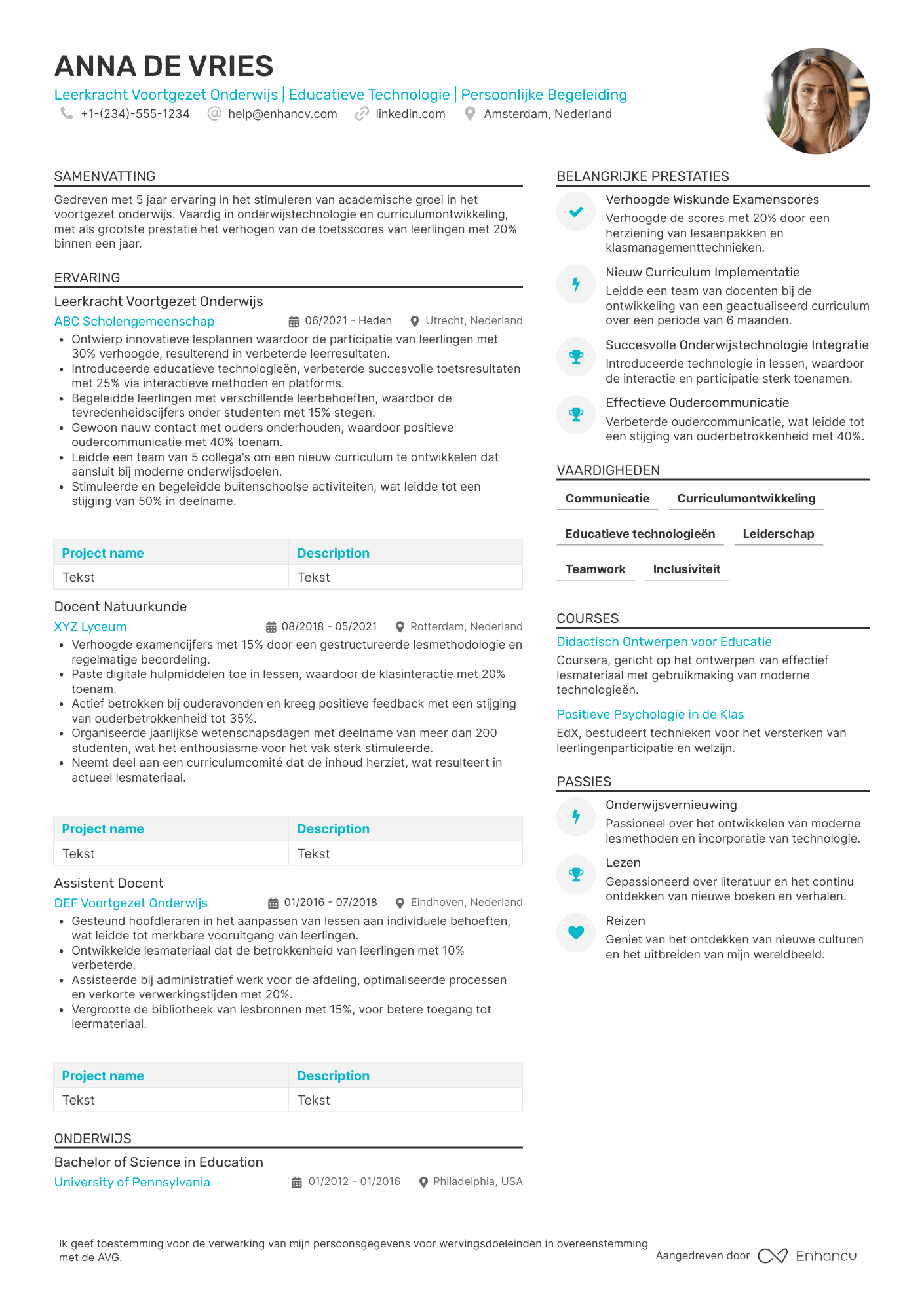 CV voor Leerkracht Voortgezet Onderwijs Resume Example