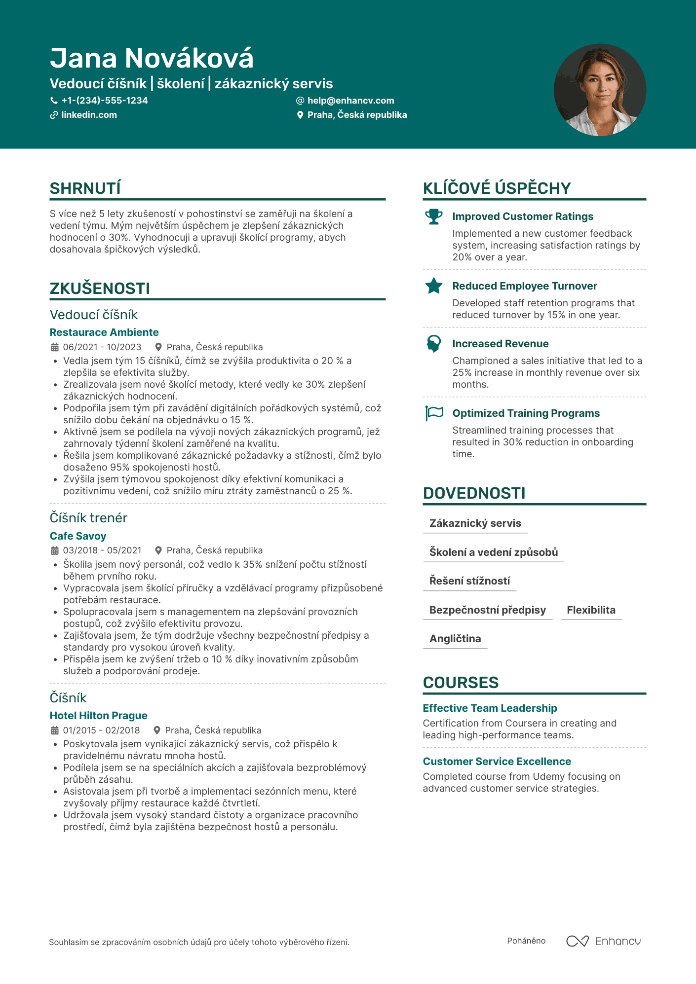 Životopis pro Číšník trenér Resume Example