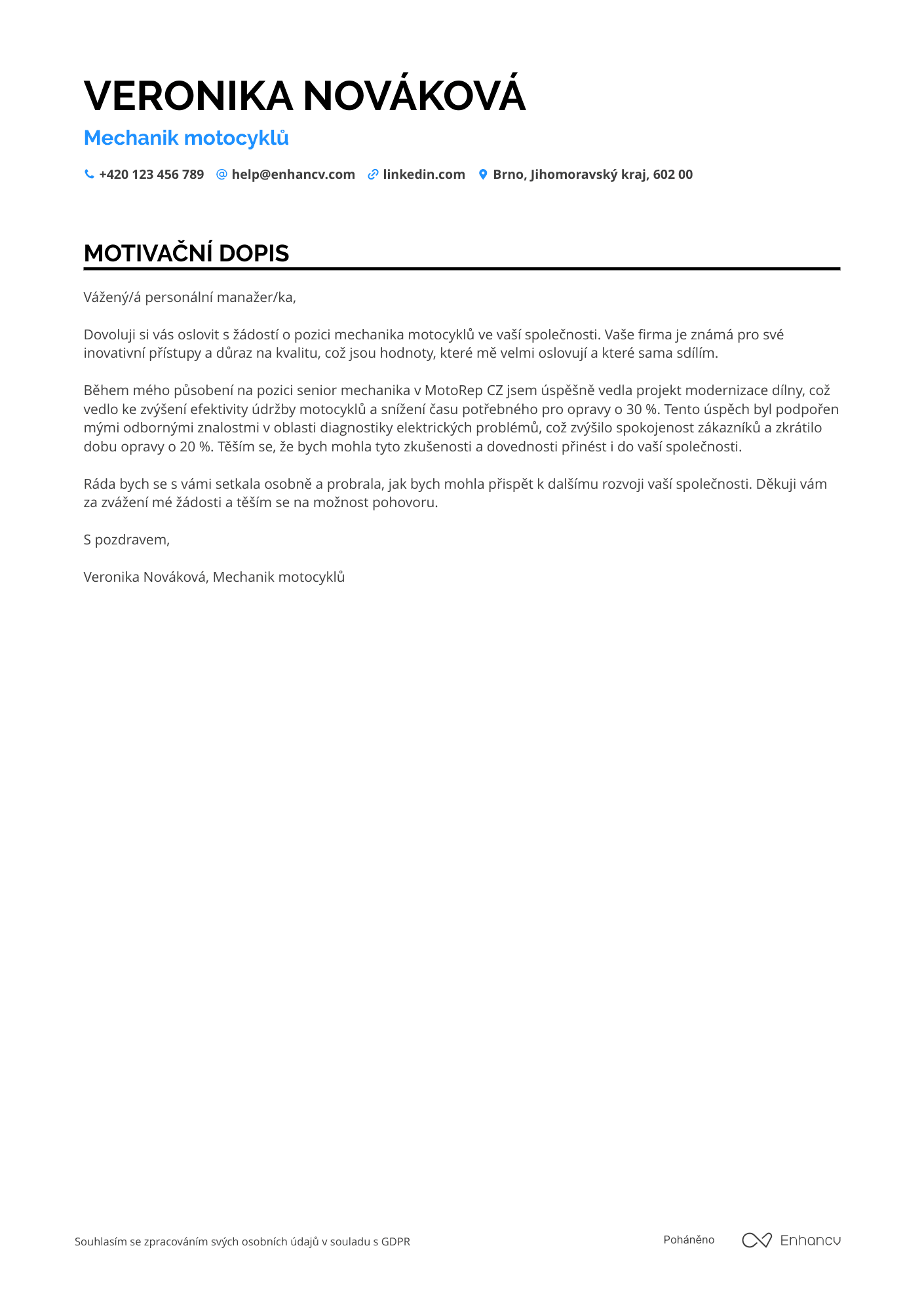 Motivační dopis pro Mechanik motocyklů Resume Example