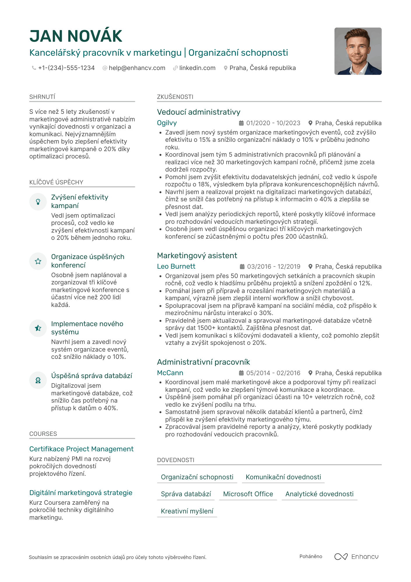 Životopis pro Kancelářský pracovník v marketingu Resume Example