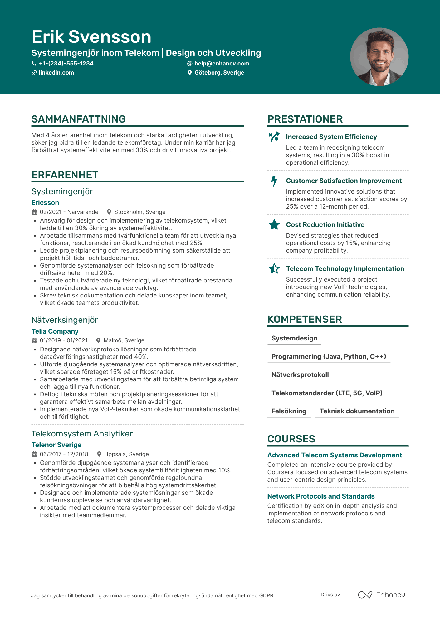 CV för Systemingenjör inom telekom Resume Example