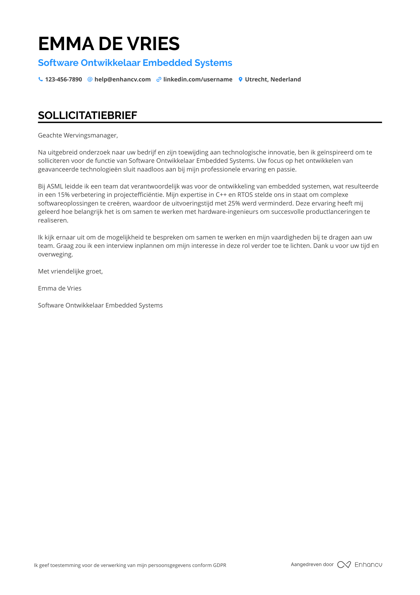 Sollicitatiebrief voor Software Ontwikkelaar Embedded Systems Resume Example