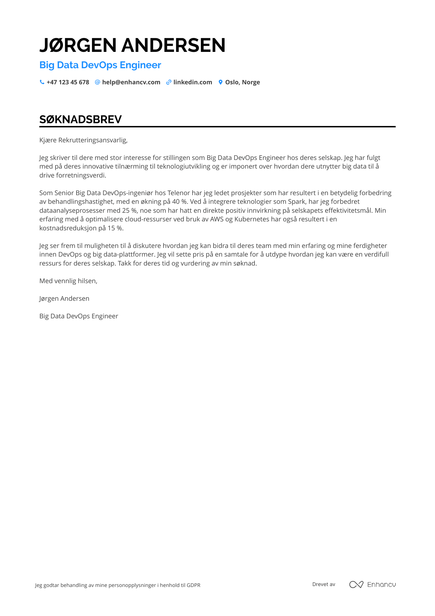 Søknadsbrev for Big Data DevOps ingeniør Resume Example