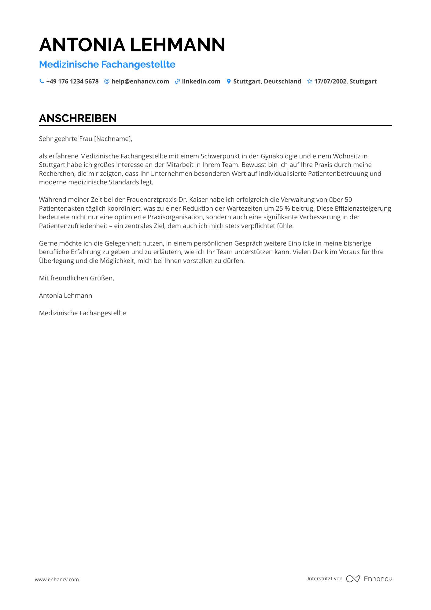 Arzthelferin in der Gynäkologie Resume Example