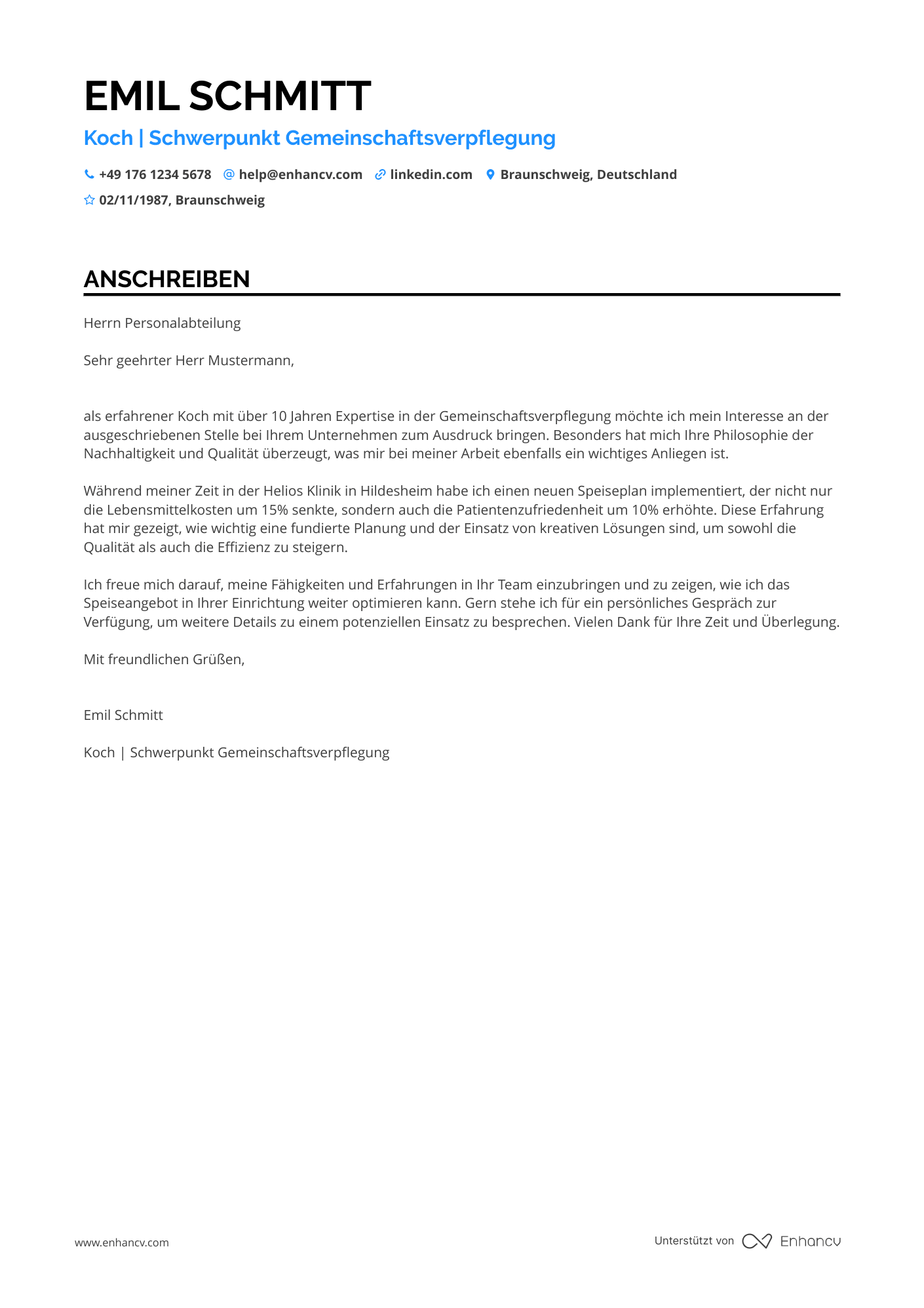Koch in einem Krankenhaus Resume Example