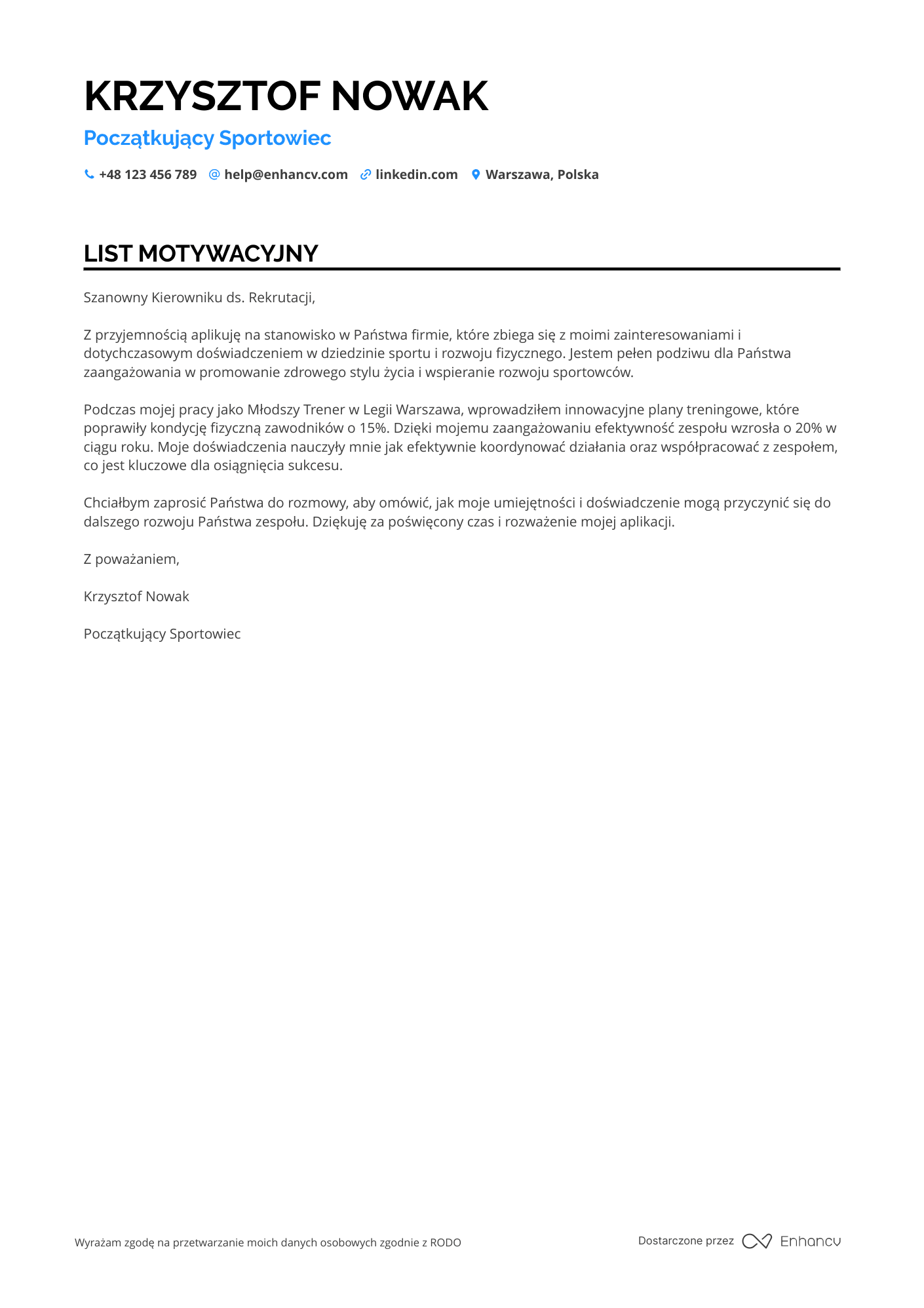 List motywacyjny dla Początkujący Sportowiec Resume Example