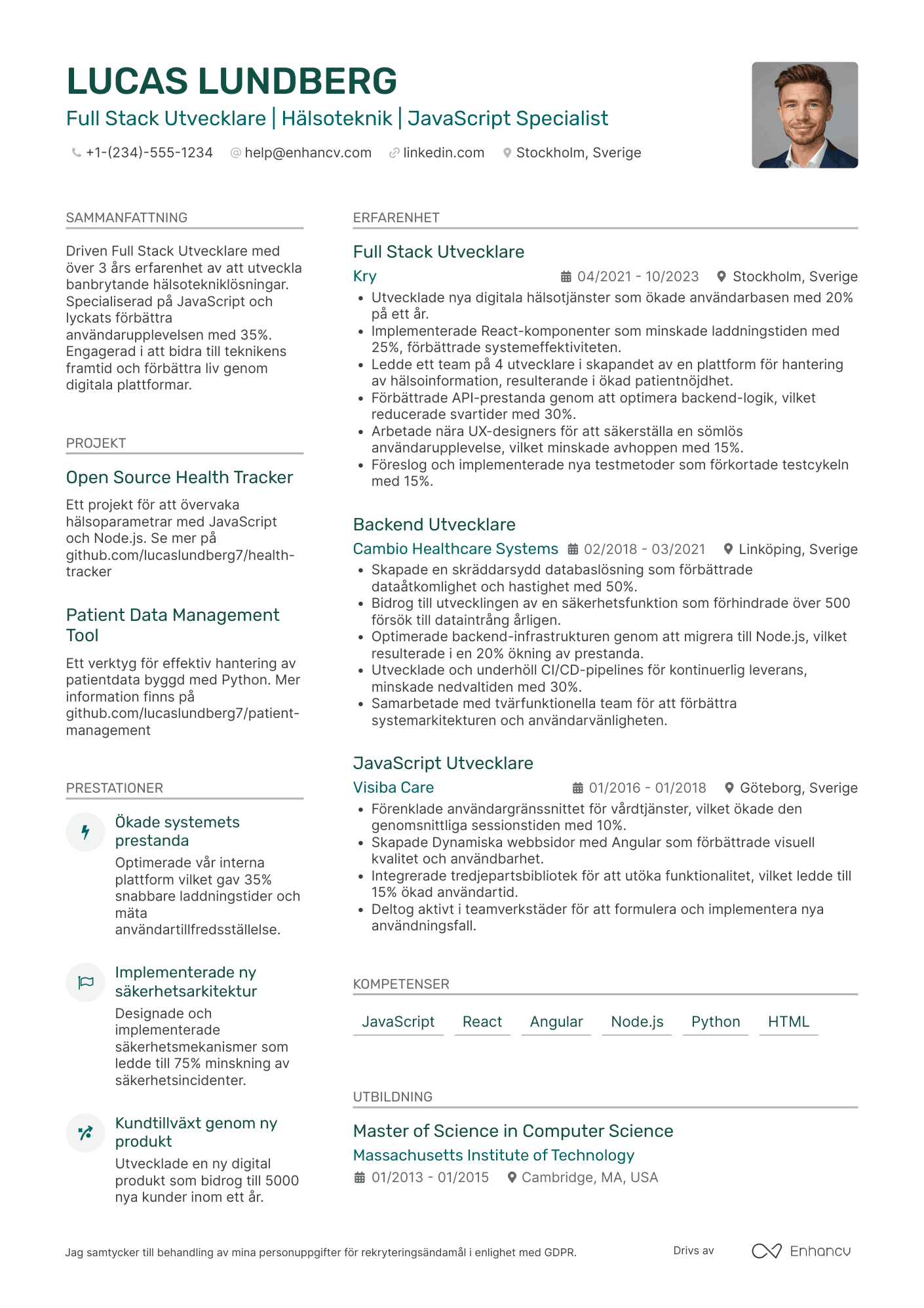 CV för Full Stack Utvecklare Hälsoteknik Resume Example