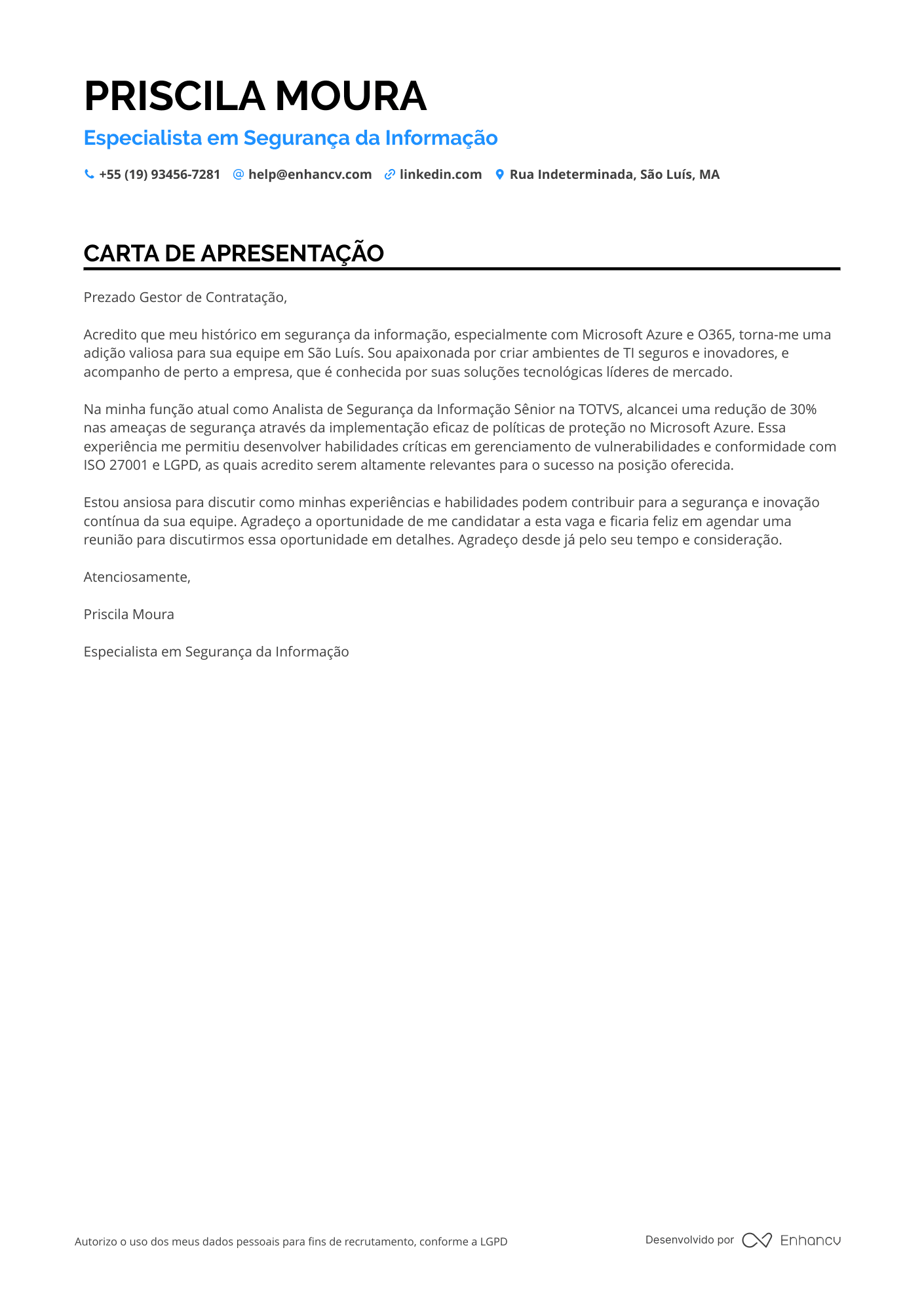 Analista de Dados de Segurança Resume Example