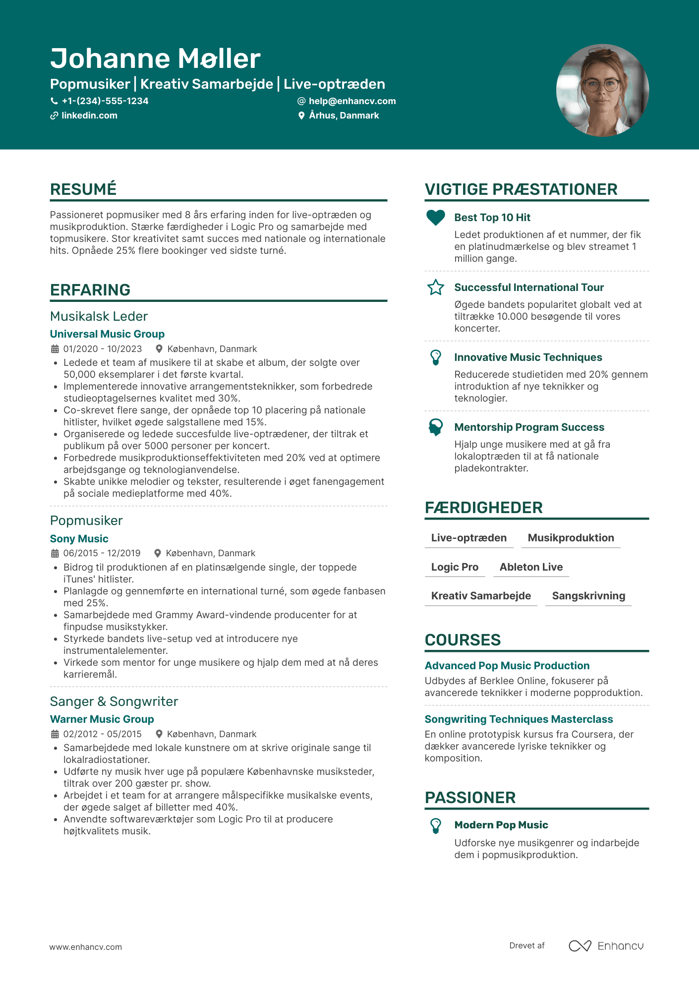 CV til Popmusiker Resume Example