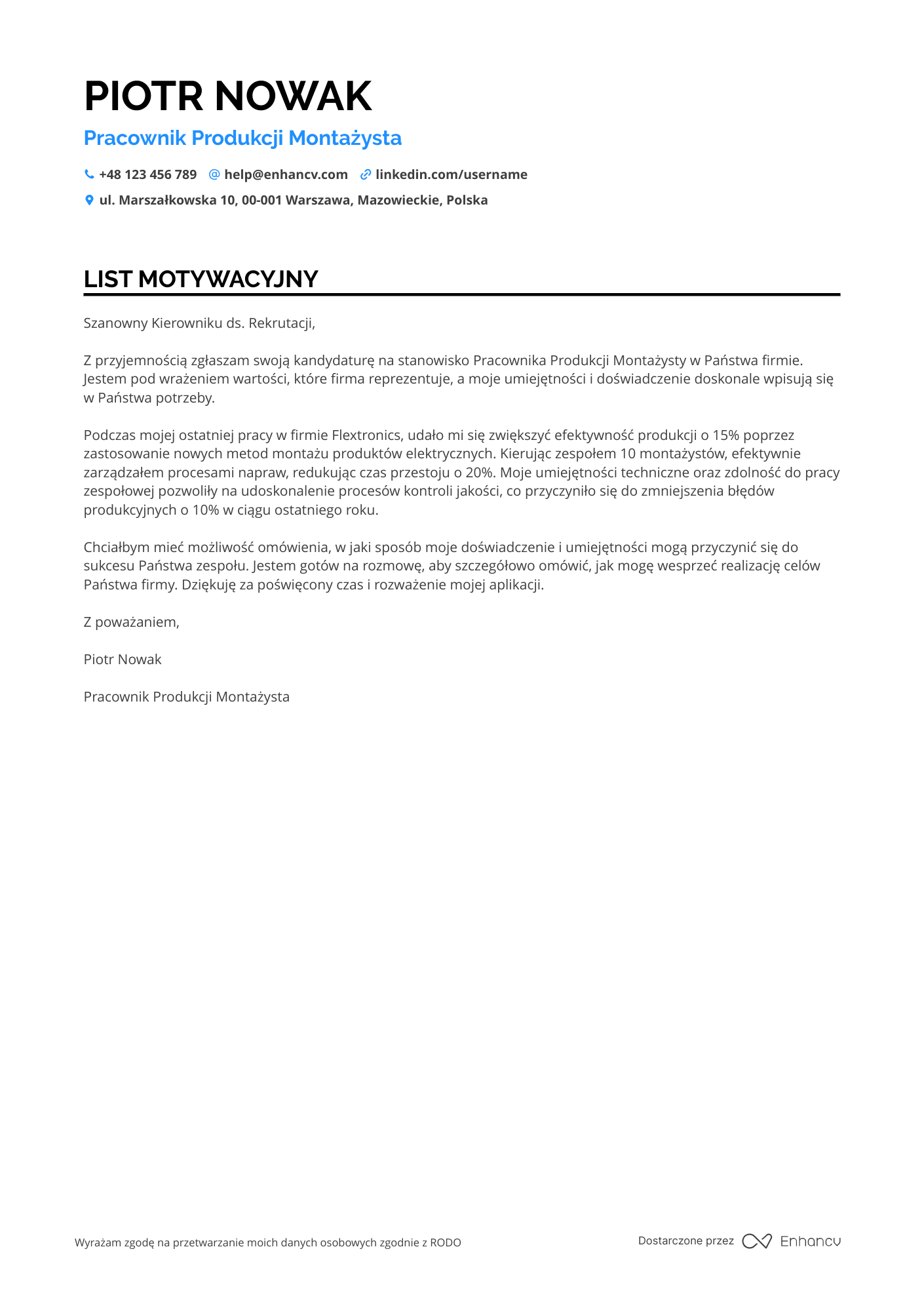 List motywacyjny dla Pracownik Produkcji Montażysta Resume Example