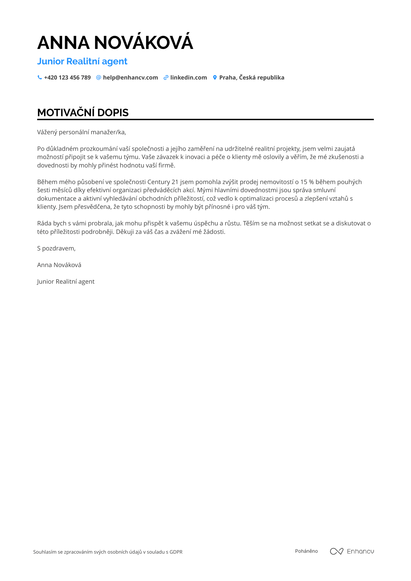 Motivační dopis pro Realitní agent junior Resume Example