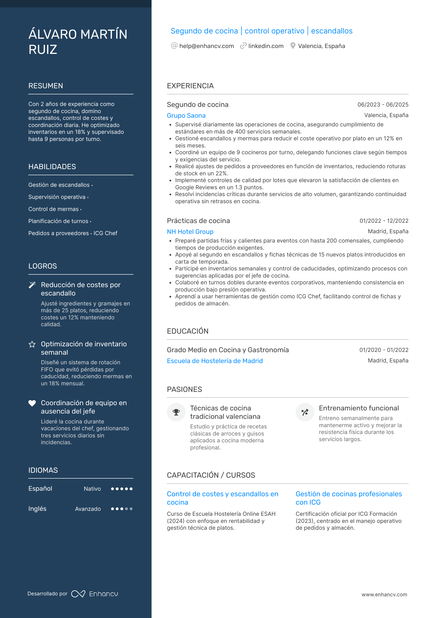 Ejemplo de currículum de segundo de cocina Resume Example