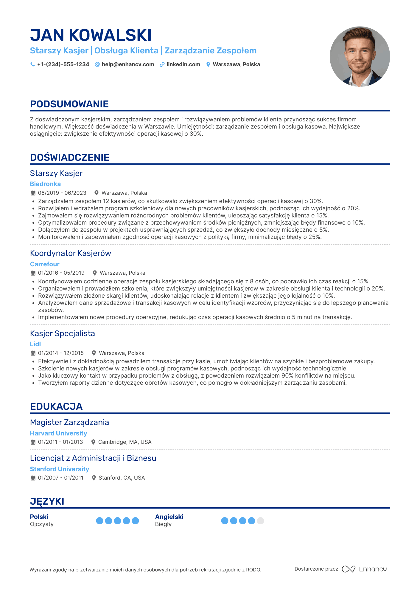 CV dla Starszy Kasjer Resume Example