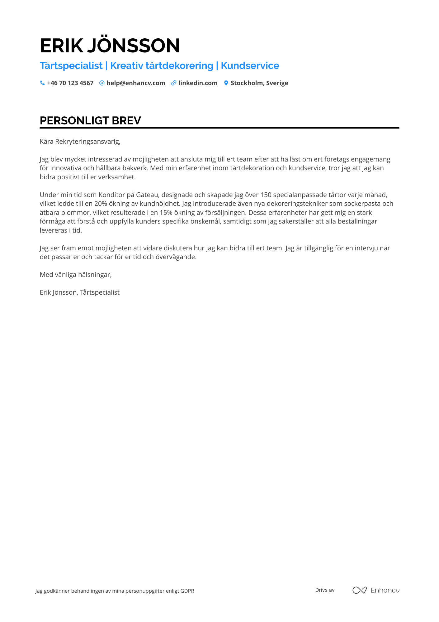 Personligt brev för Tårtspecialist Konditor Resume Example