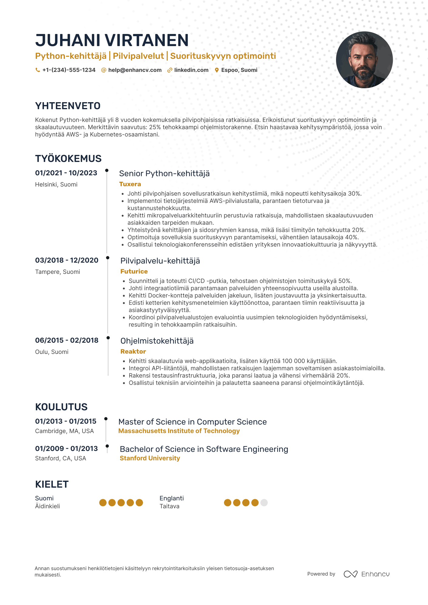 Ansioluettelo Pilvipalvelu Python kehittäjä Resume Example