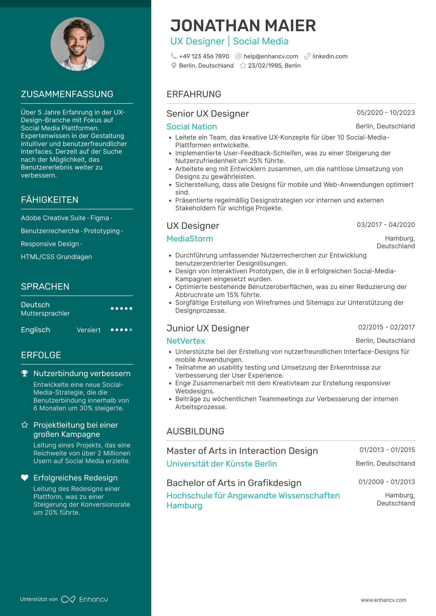 Lebenslauf in UX Designer für Social Media Resume Example