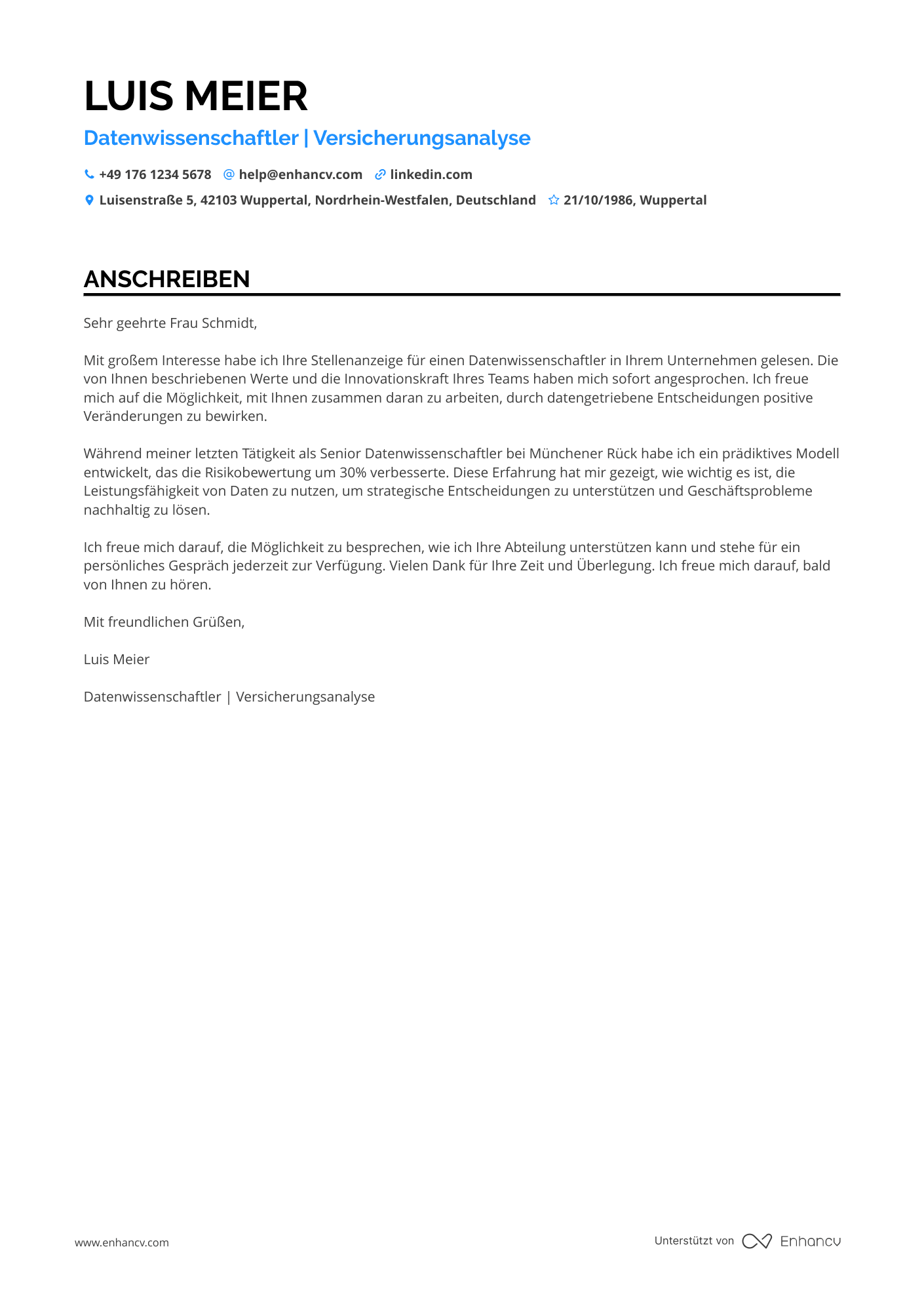Datenwissenschaftler für Versicherungsbranche Resume Example