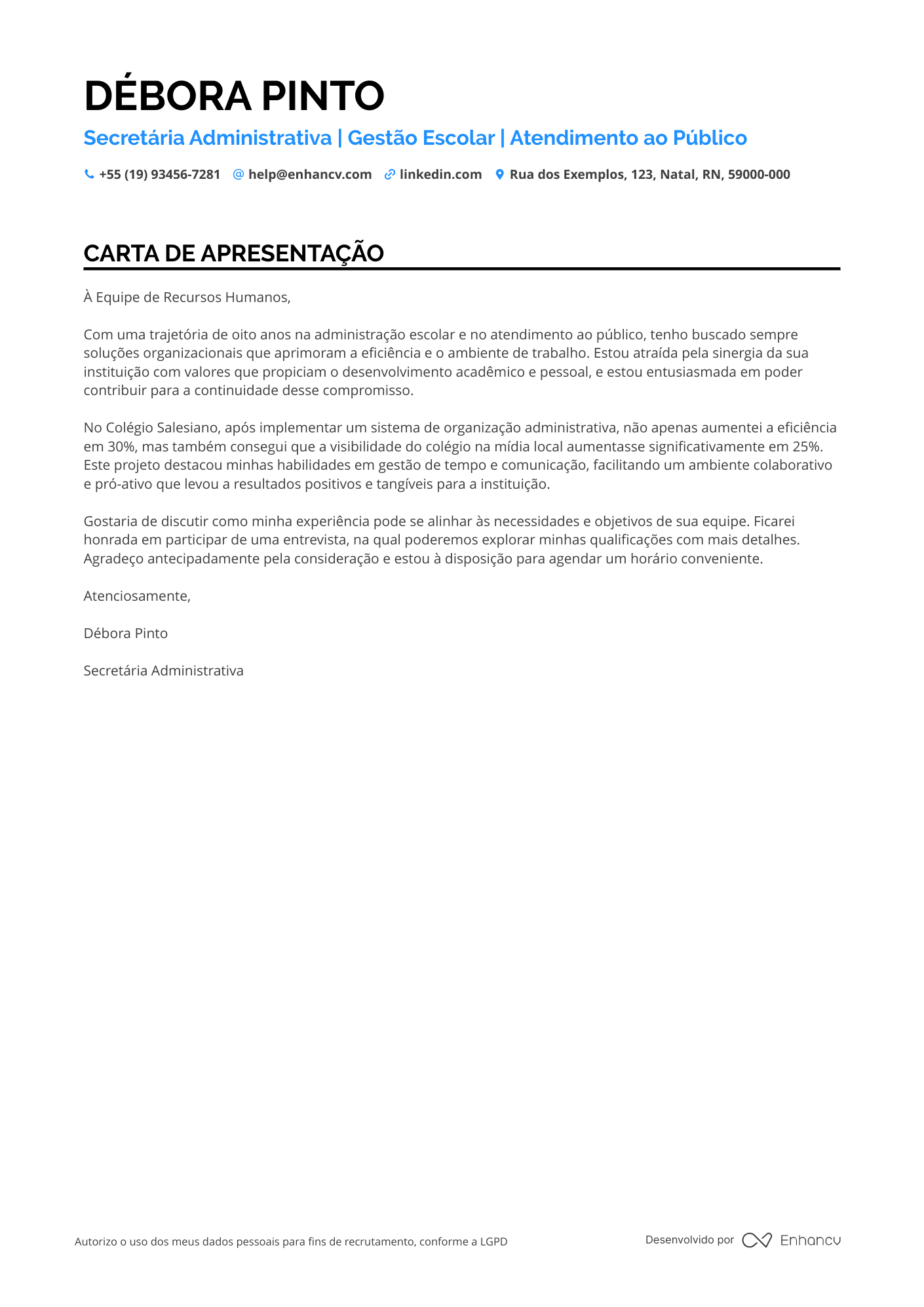 Secretária Escolar Plena Resume Example
