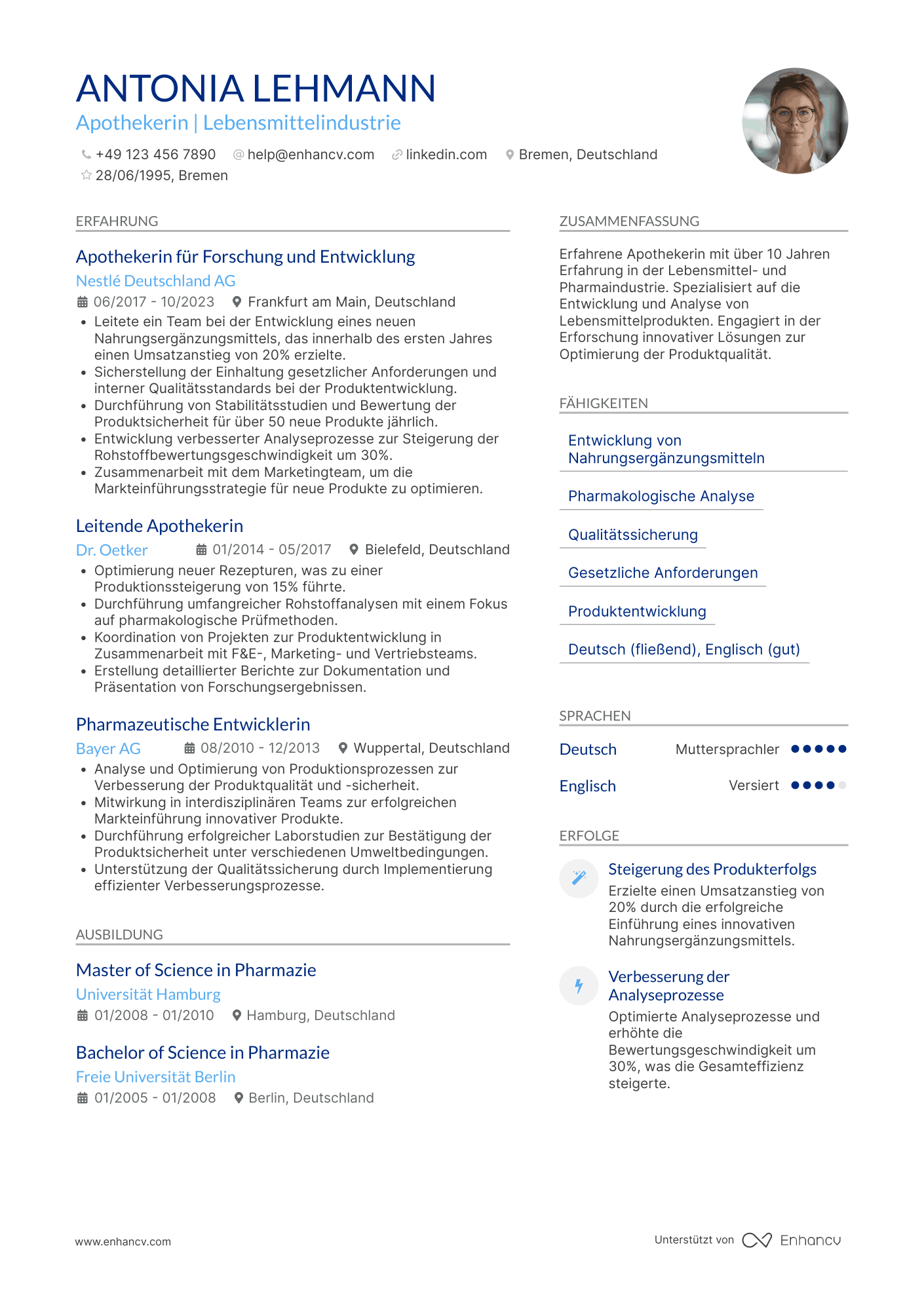 Lebenslauf in Apotheker in der Lebensmittelindustrie Resume Example