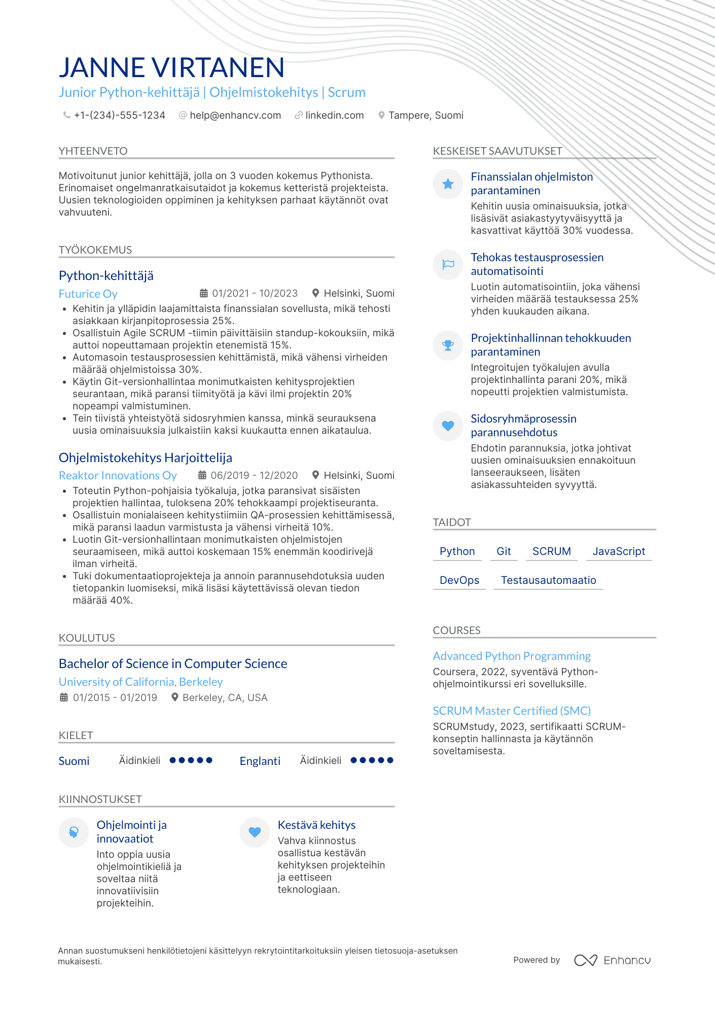 Ansioluettelo Junior Python kehittäjä Resume Example