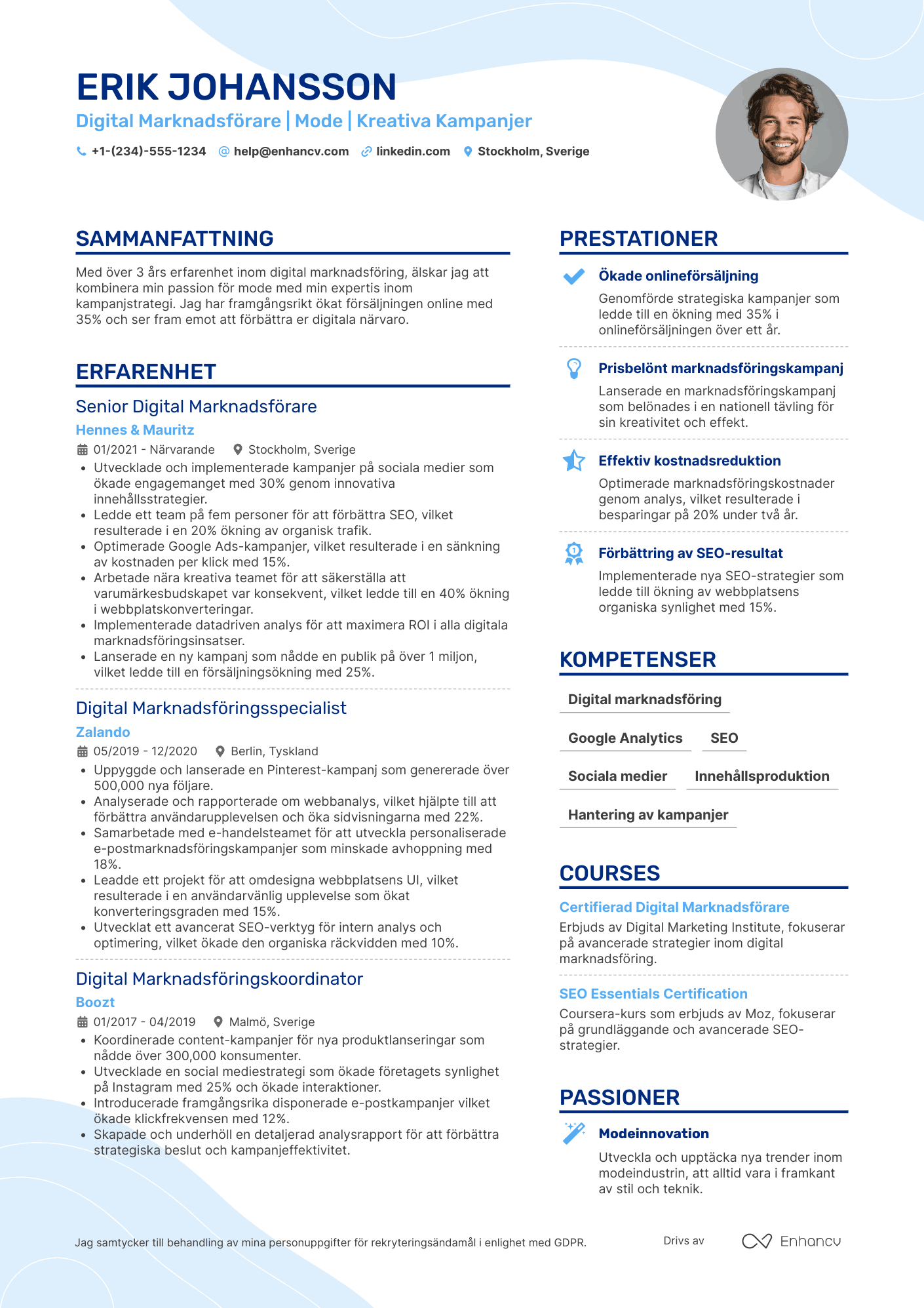 CV för Digital Marknadsförare inom mode Resume Example