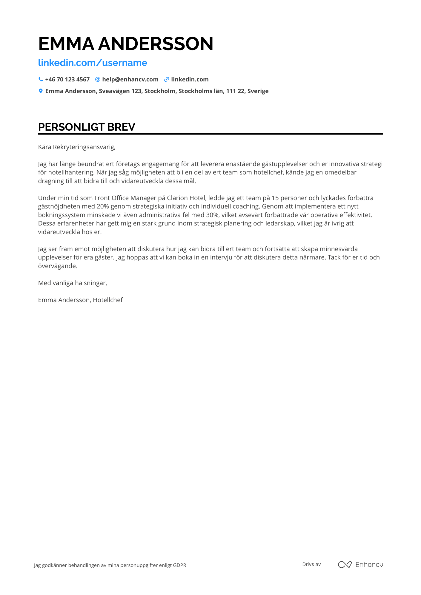 Personligt brev för Hotellchef service Resume Example
