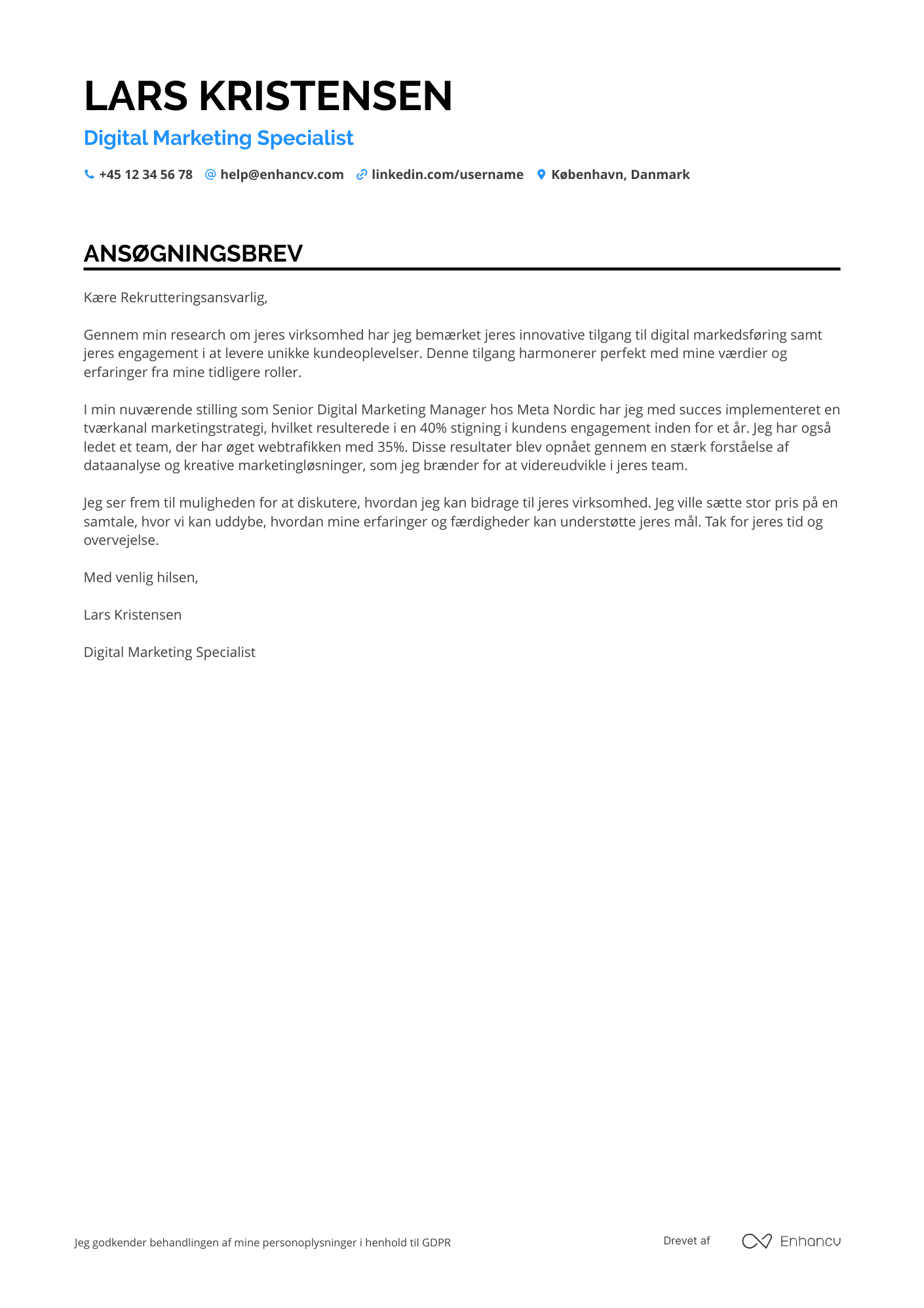Ansøgningsbrev til Digital marketingansvarlig Resume Example