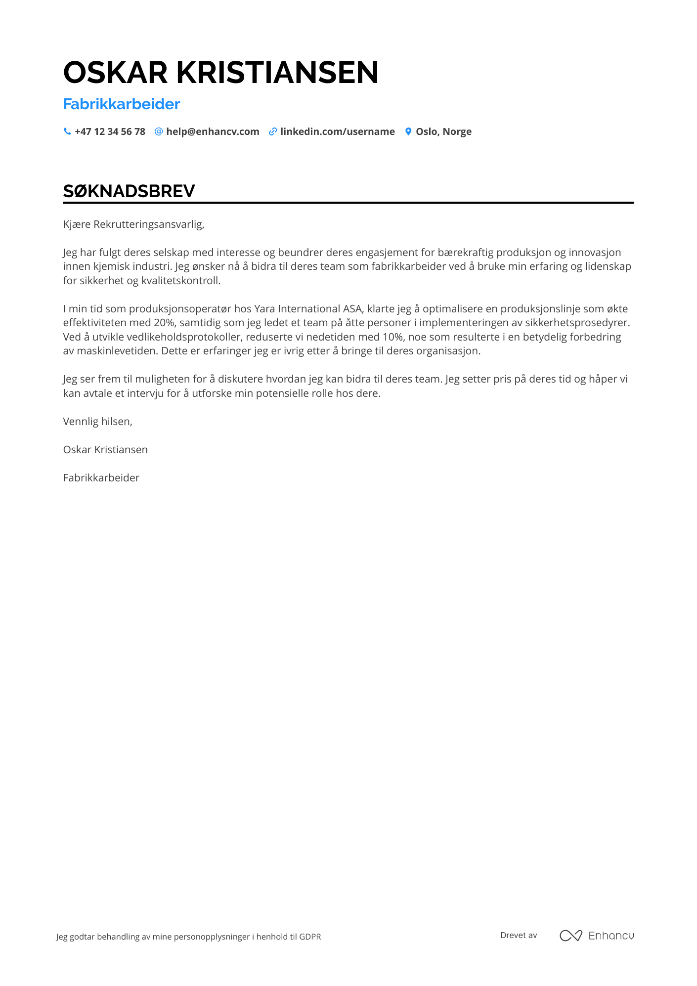 Søknadsbrev for Fabrikkarbeider Kjemisk Industri Resume Example